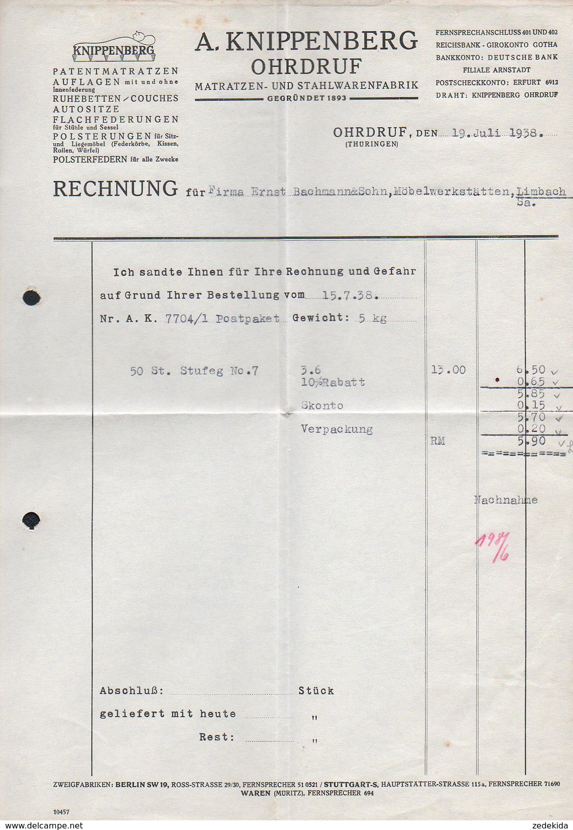 A6316 - Alte Rechnung - Ohrdruf - A. Knippenberg - Matratzen Und Stahlwarenfabrik 1938 - 1900 – 1949