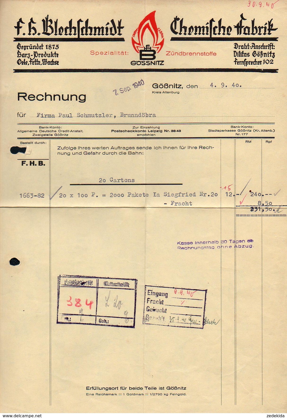 A6318 - Alte Rechnung - Gössnitz Gößnitz - F.H. Blechschmidt - Chemische Fabrik 1940 - 1900 – 1949