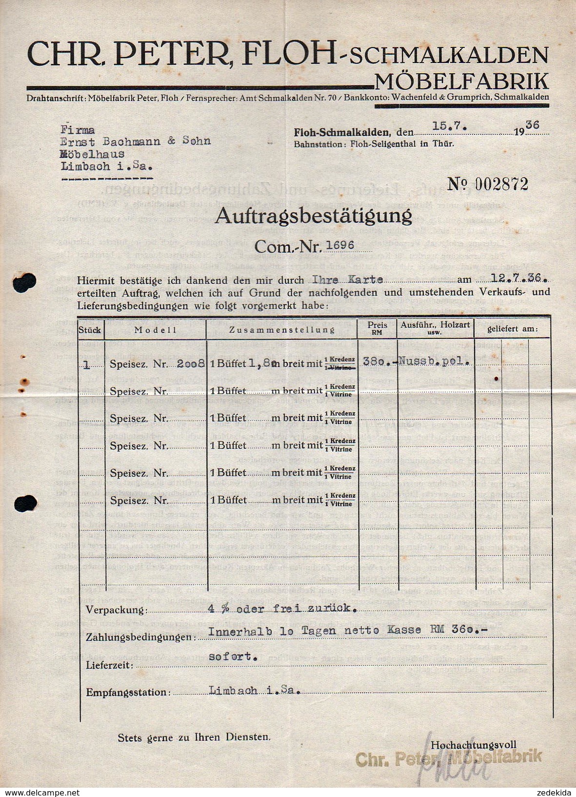 A6322 - Alte Rechnung - Floh Schmalkalden - Chr. Peter - Möbel Fabrik 1936 - 1900 – 1949