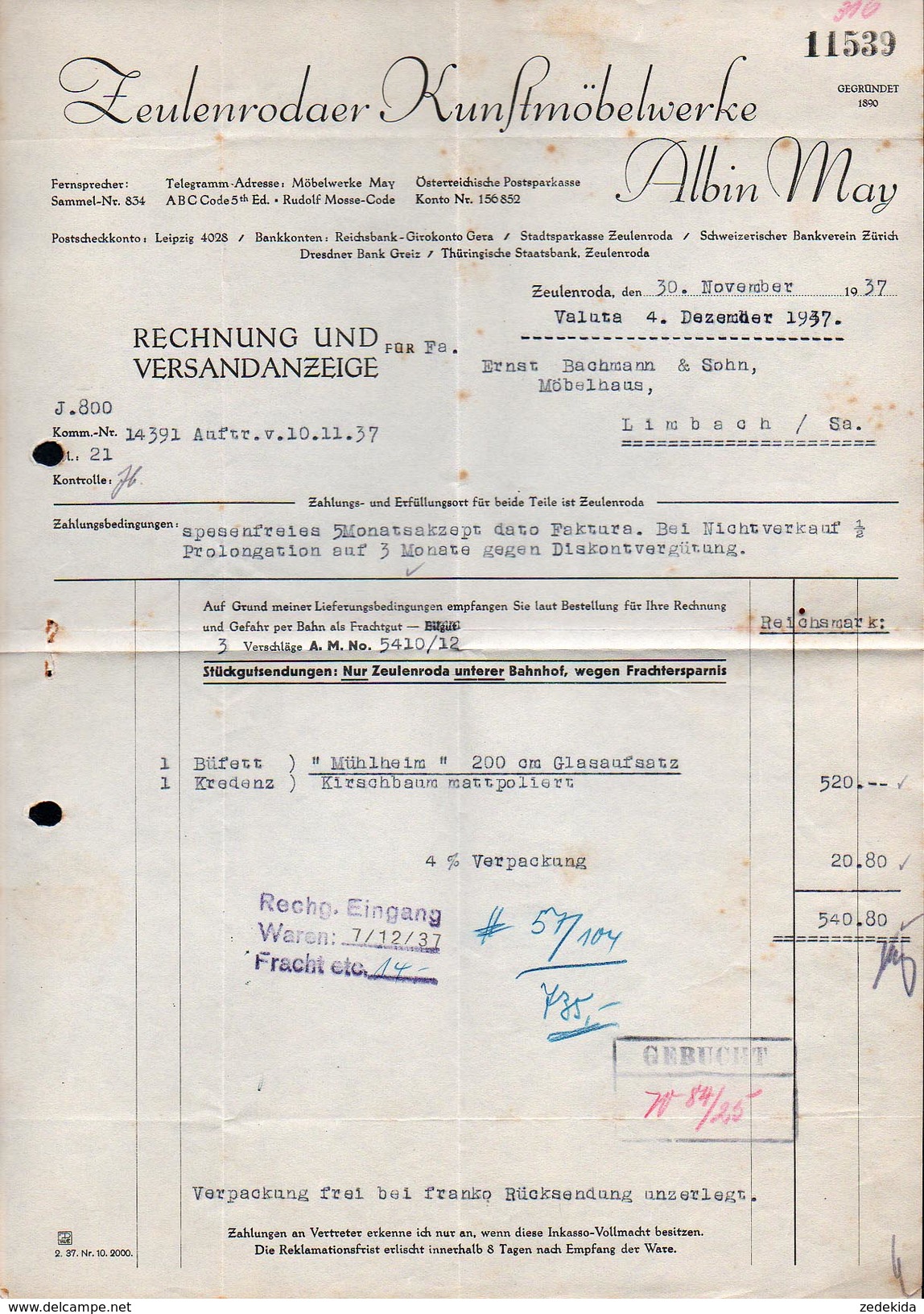 A6325 - Alte Rechnung - Zeulenroda - Albin May - Kunstmöbelwerke 1937 - 1900 – 1949