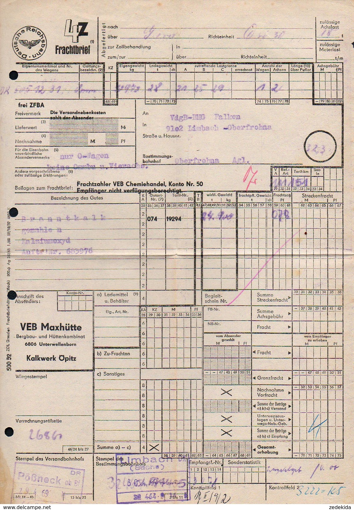 A6326 - Alte Rechnung - Frachtbrief - Deutsche Reichsbahn - Pößneck Gera Limbach Karl Marx Stadt 1969 - 1950 - ...