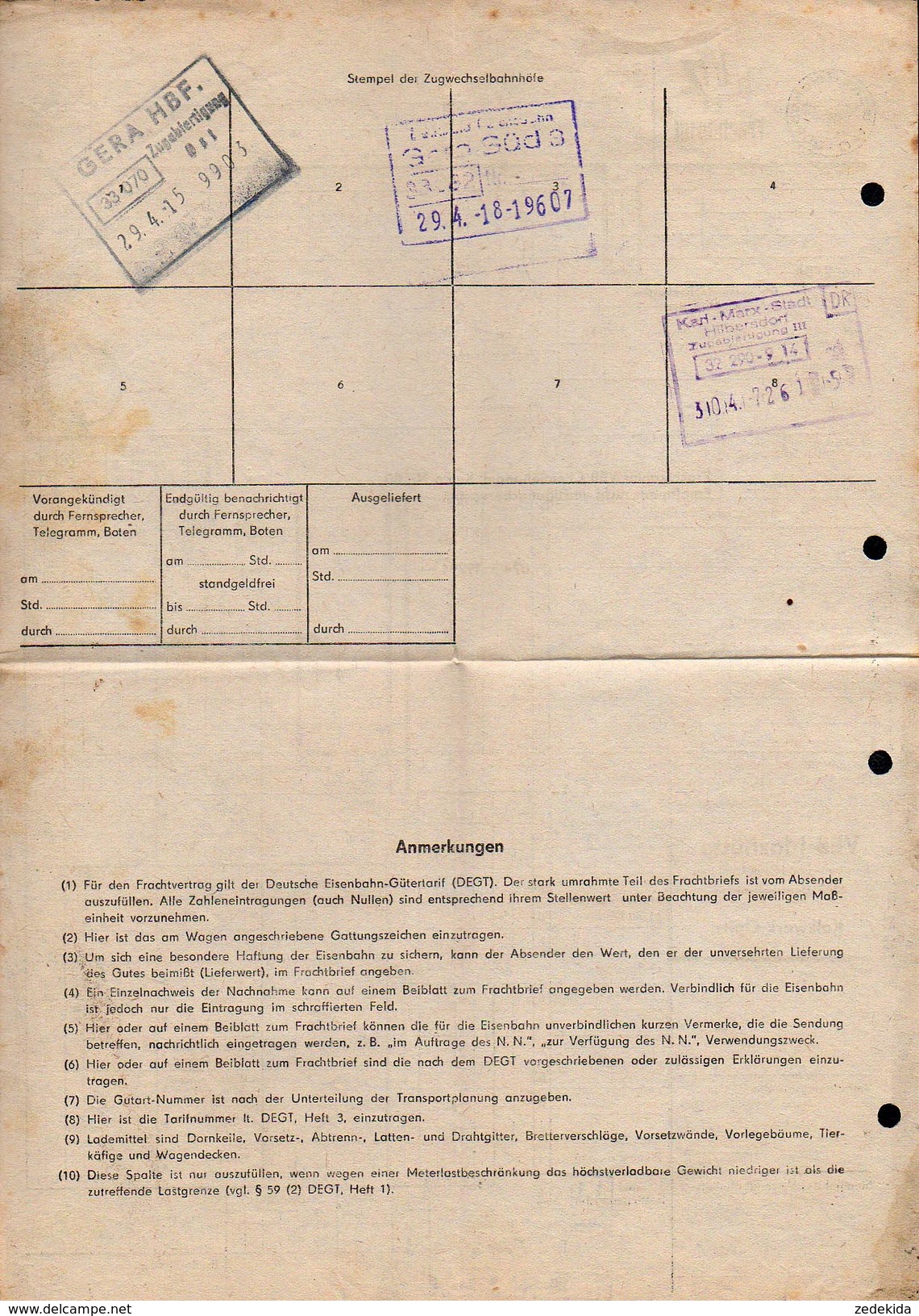 A6326 - Alte Rechnung - Frachtbrief - Deutsche Reichsbahn - Pößneck Gera Limbach Karl Marx Stadt 1969 - 1950 - ...