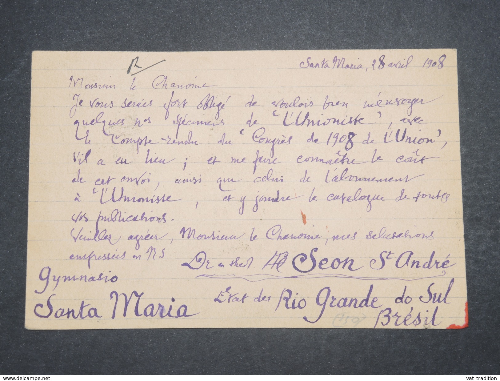 BRÉSIL - Entier Postal + Complément De Santa Maria Pour Paris En 1908 - L 9728 - Entiers Postaux