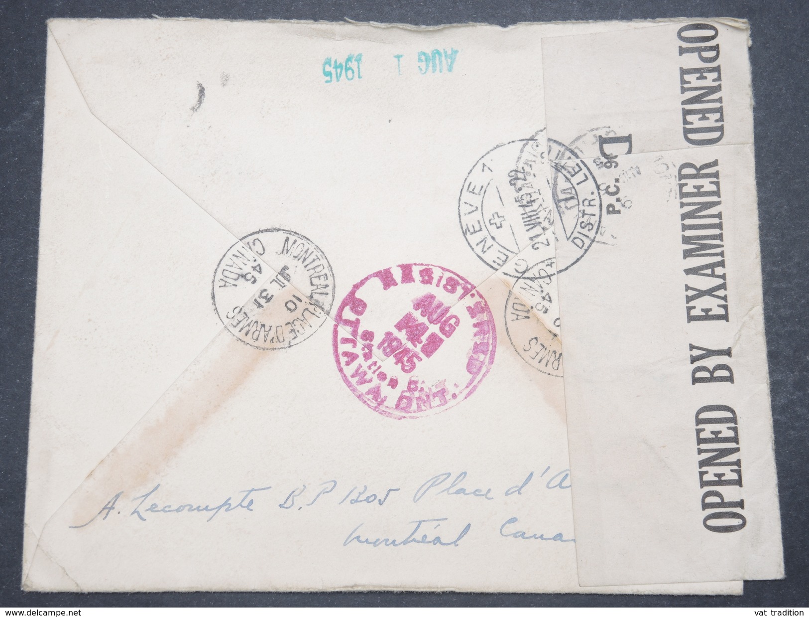 CANADA - Enveloppe En Recommandé De Montréal Pour La Suisse En 1945 Avec Contrôle Postal - L 9729 - Brieven En Documenten