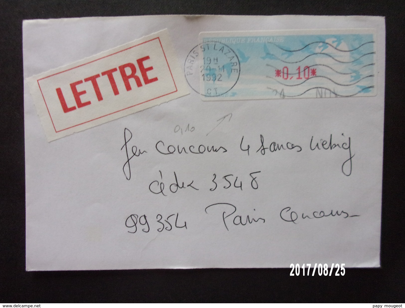 Lettre - 1992 - Etiquette à 0.10fr En Tarif Lettre Acheminée Normalement Cachet De Paris Saint Lazare CT Du 20/11/1992 - 1990 « Oiseaux De Jubert »