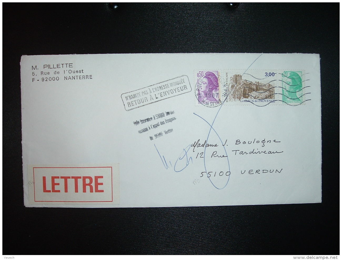 LETTRE TP BAUX DE PROVENCE 3,00 + LIBERTE 0,50 + 0,20 OBL.MEC.6-7-1987 RUEIL MALMAISON PPAL 92) RETOUR VERDUN (55 MEUSE) - Cachets Manuels