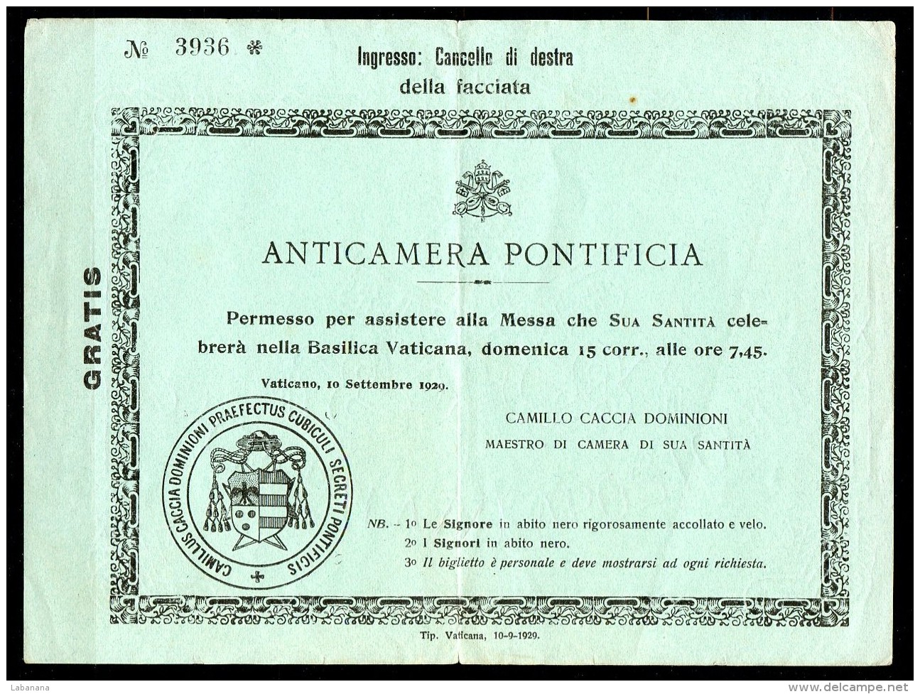 Vatican Billet D'entrée Anticamera Pontifica 1929 - Vaticaanstad