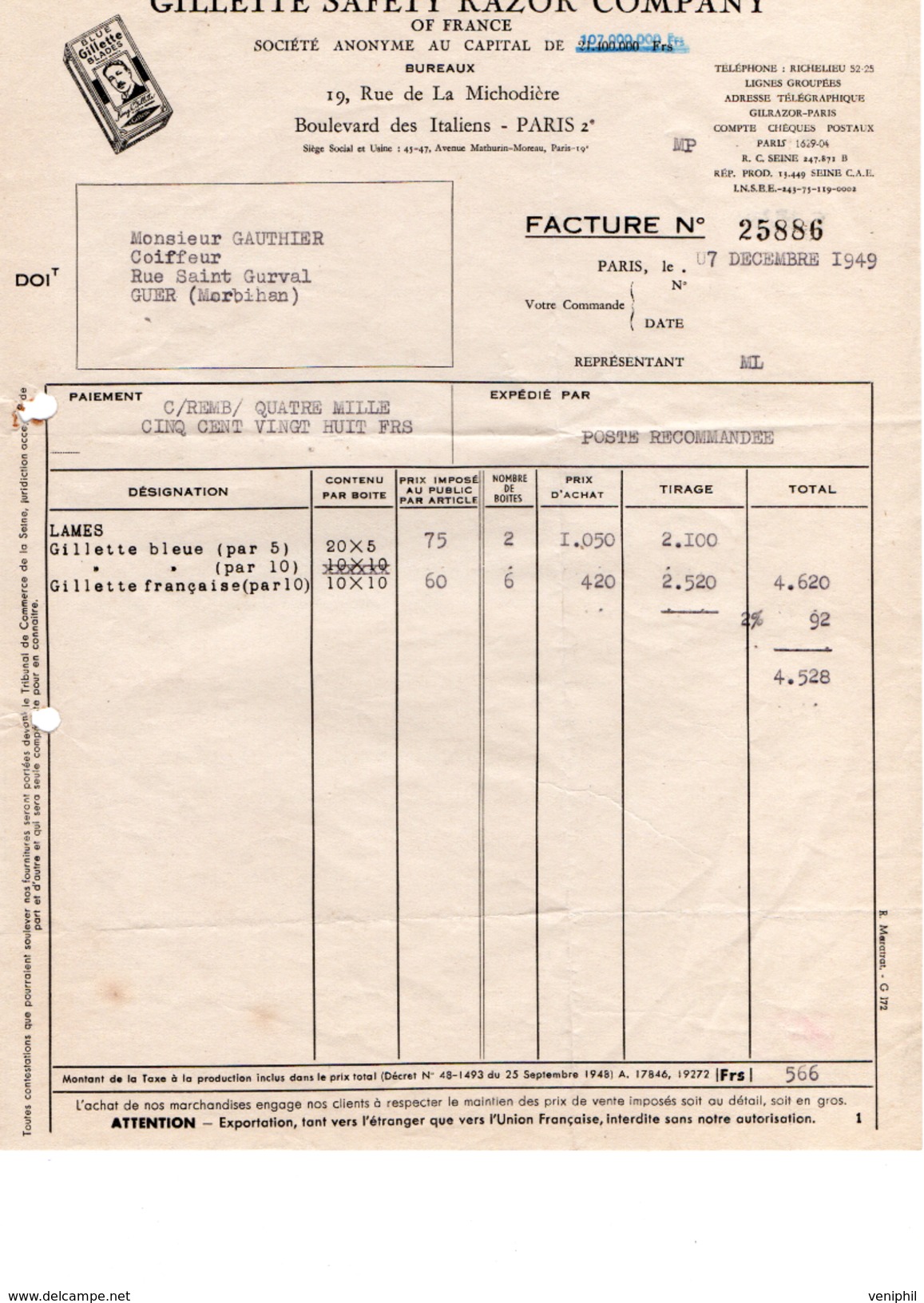 FACTURE  FACTURE GILLETTE  SAFETY RAZOR COMPANY - PARIS - 1949 - Droguerie & Parfumerie