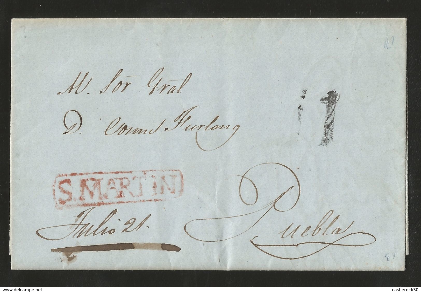 J) 1850 MEXICO, 1 REAL, RED CANCELLATION, COMPLETE LETTER, CIRCULATED COVER, FROM SAN MARTIN TO PUEBLA - Mexico