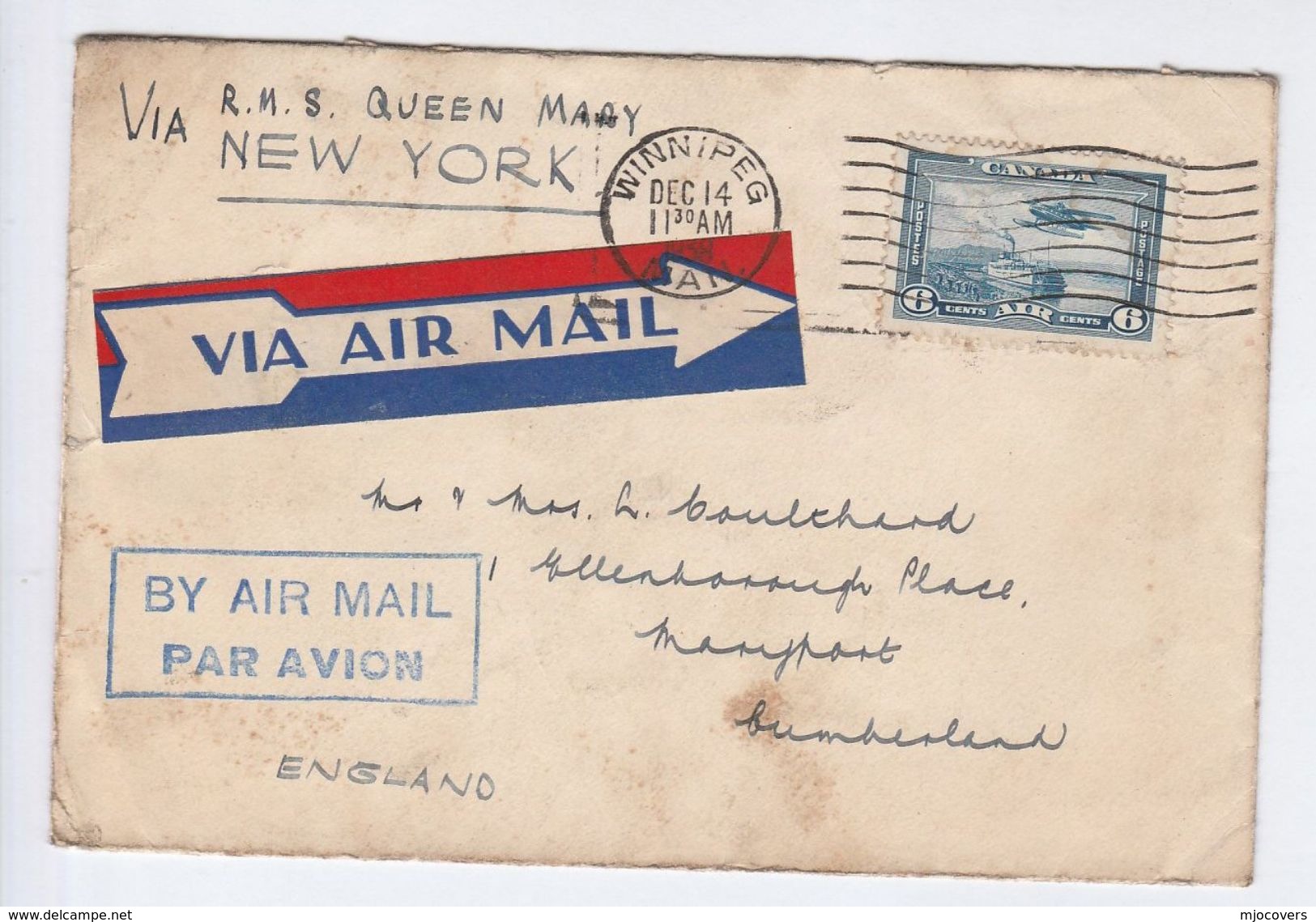 1938 CANADA COVER Via RMS QUEEN MARY  To GB Ship Liner Stamps Airmail Label - Briefe U. Dokumente