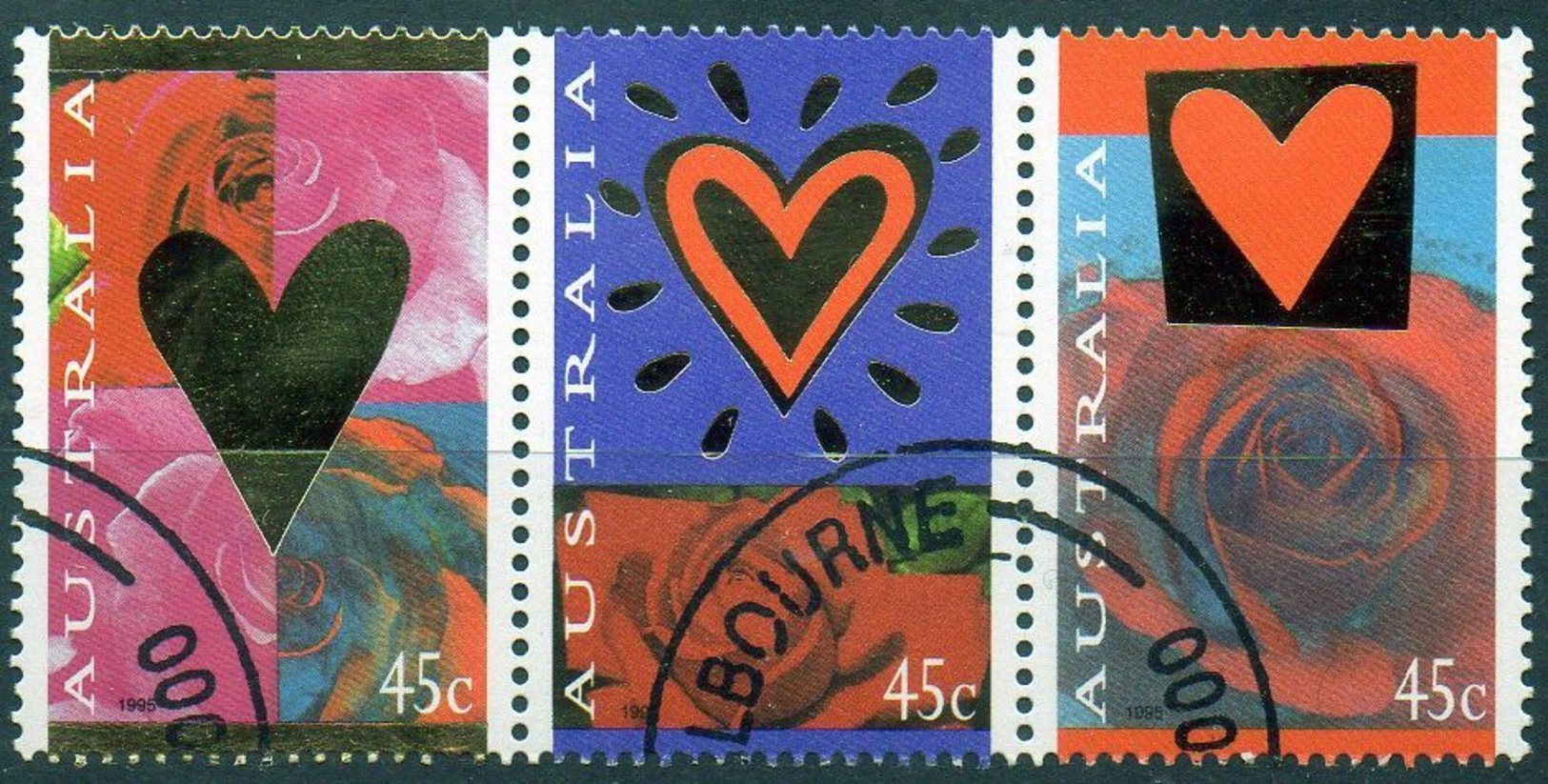 Australia 1995 Valentine´s Day 45c Hearts & Roses Strip Of 3 CTO - Used Stamps