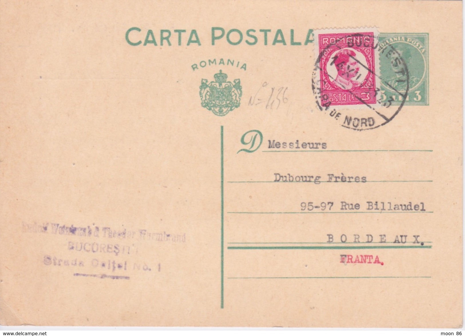 ROUMANIE - ENTIER POSTAL - 1933 - BUCAREST TO BORDEAUX - CACHET DE LA POSTE SUR TIMBRE N 436 - Marcophilie