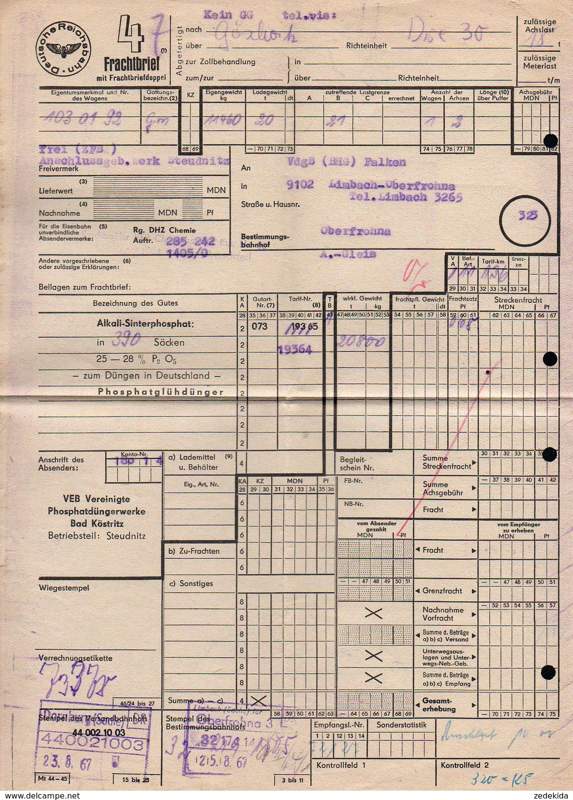 A6328 - Alte Rechnung - Frachtbrief - Deutsche Reichsbahn - Dornburg Oberfrohna Karl Marx Stadt 1967 - 1950 - ...