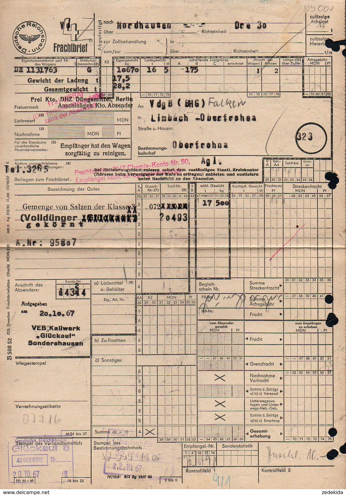 A6330 - Alte Rechnung - Frachtbrief Nordhausen - Deutsche Reichsbahn - Glückauf Oberfrohna Karl Marx Stadt 1967 - 1950 - ...