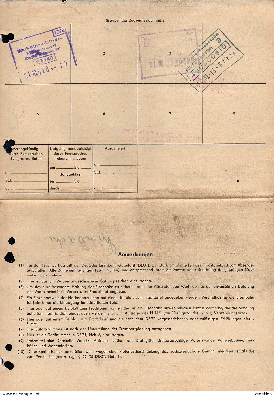 A6330 - Alte Rechnung - Frachtbrief Nordhausen - Deutsche Reichsbahn - Glückauf Oberfrohna Karl Marx Stadt 1967 - 1950 - ...