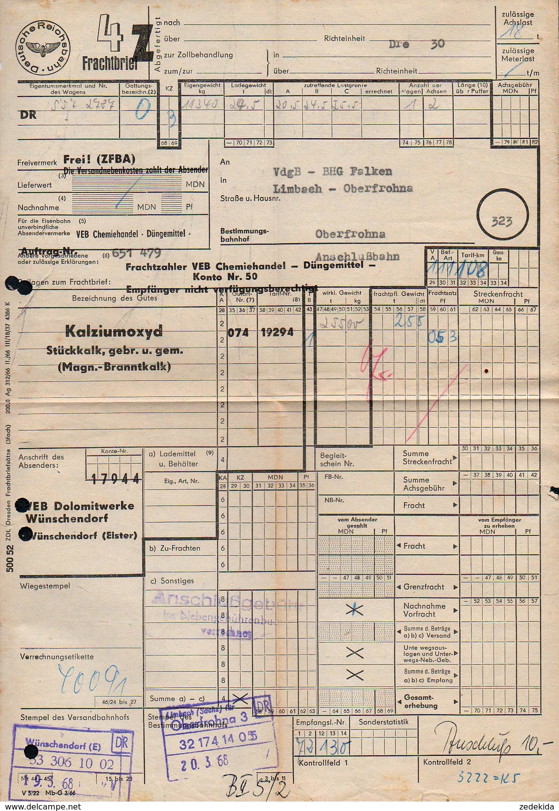 A6332 - Alte Rechnung - Frachtbrief  - Deutsche Reichsbahn - Wünschendorf Oberfrohna Karl Marx Stadt 1968 - 1950 - ...