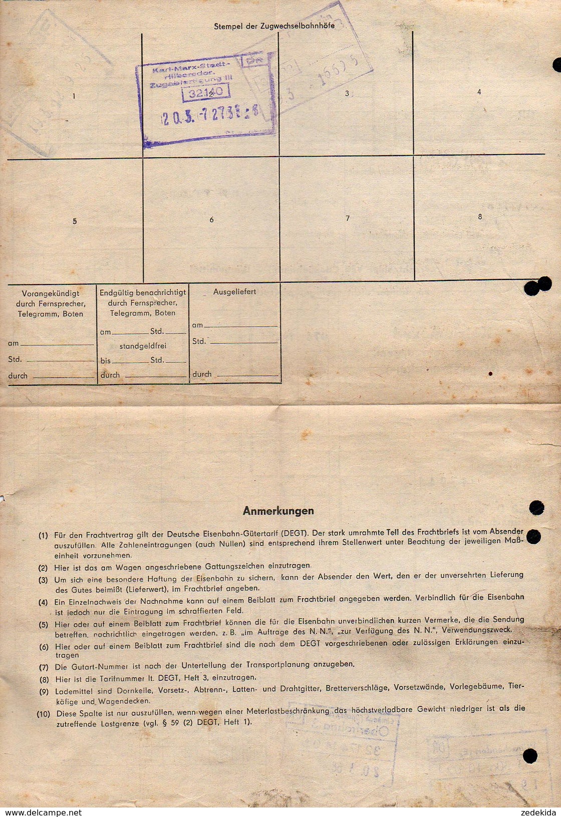 A6332 - Alte Rechnung - Frachtbrief  - Deutsche Reichsbahn - Wünschendorf Oberfrohna Karl Marx Stadt 1968 - 1950 - ...