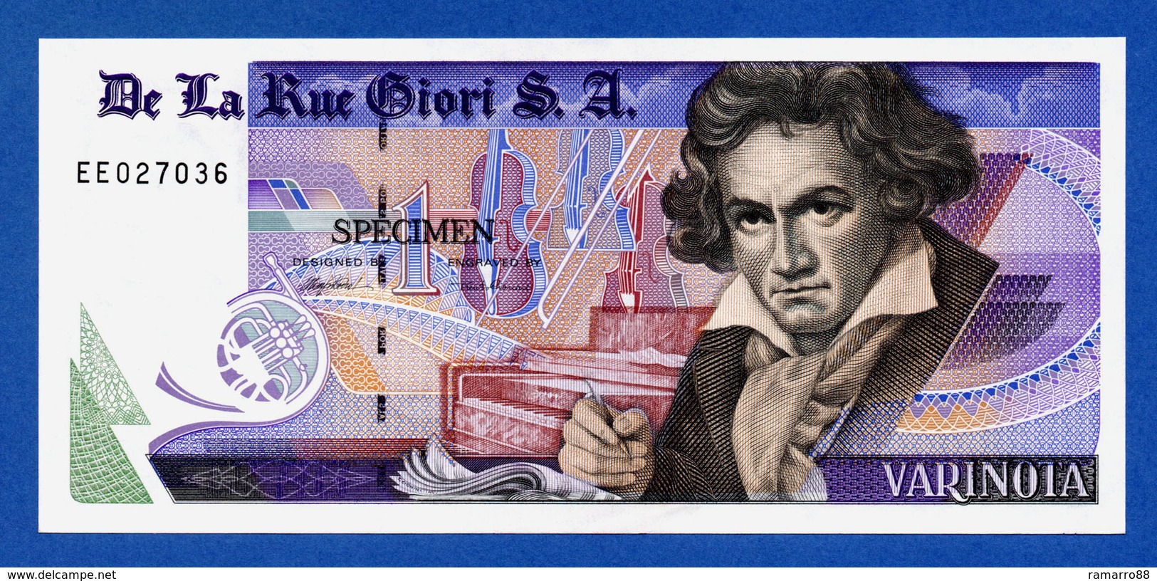 De La Rue Giori S.A. Varinota Beethoven - Black Serial Number - Specimen Test Note Unc - Fiktive & Specimen