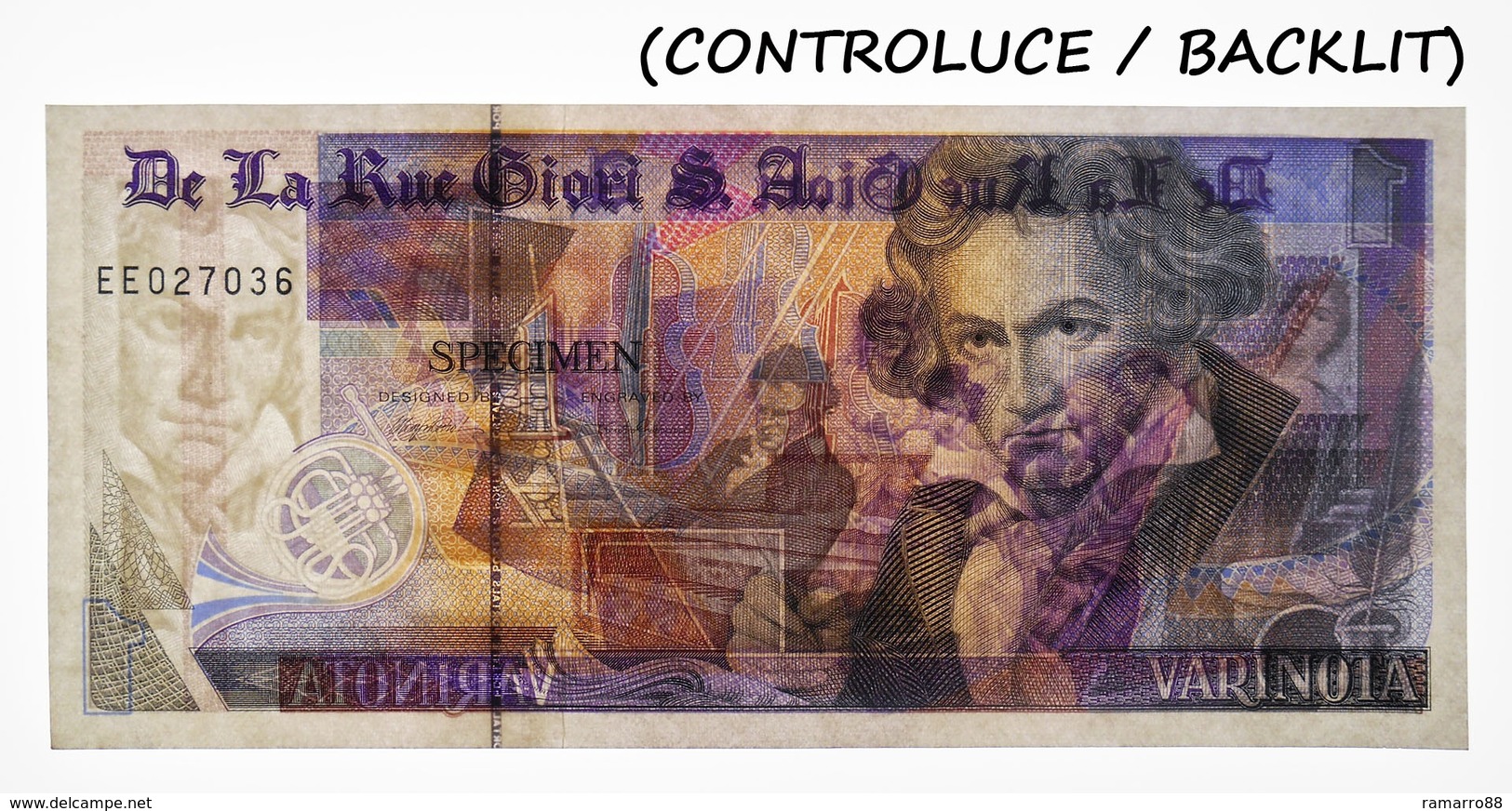 De La Rue Giori S.A. Varinota Beethoven - Black Serial Number - Specimen Test Note Unc - Fiktive & Specimen