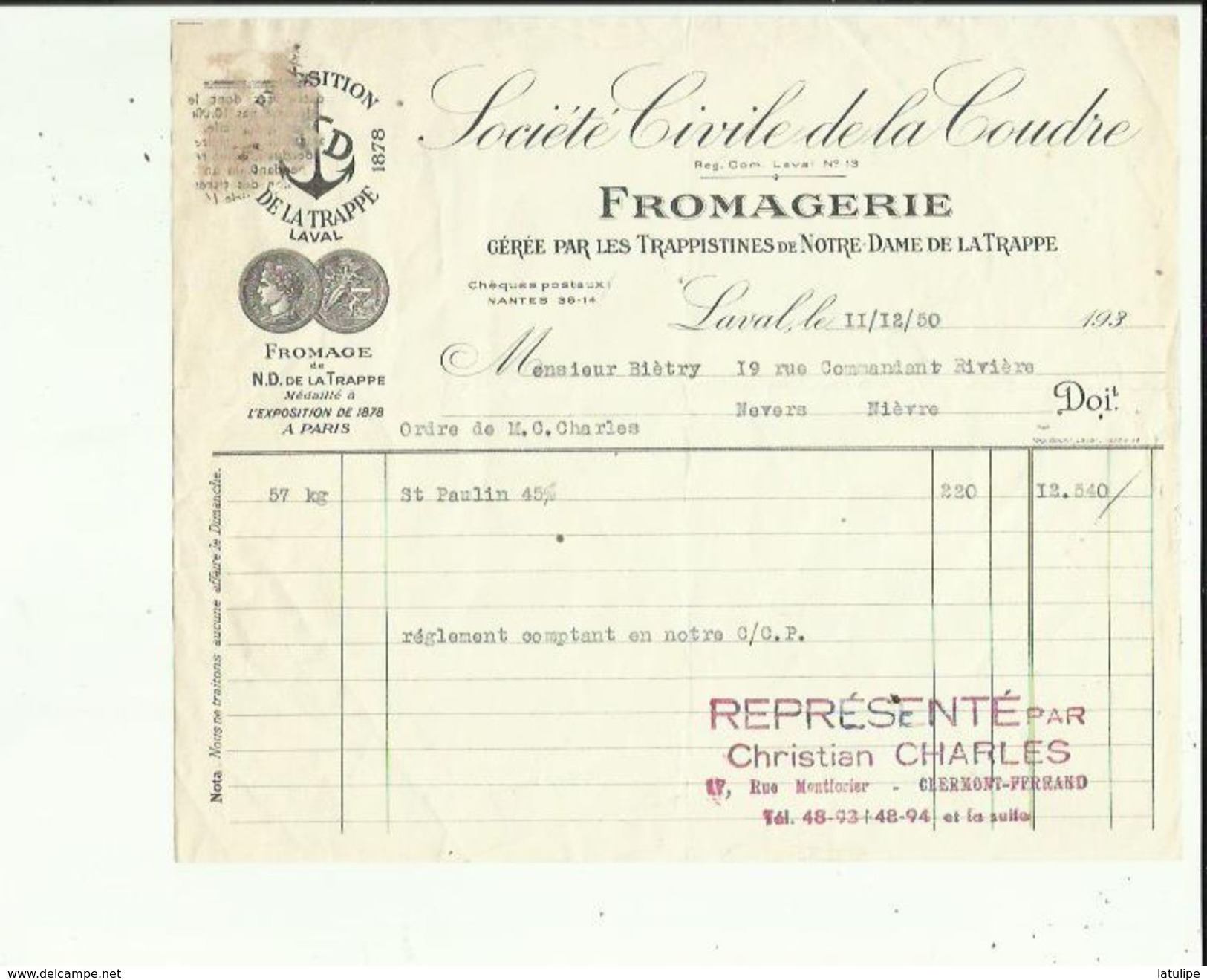 Facture De Sté CIVILE DE LA COUDRE Fromagerie_Trappistines Notre Dame La Trappe A LAVAL Adres A Mr BIETRY NEVERS En 1950 - Alimentos