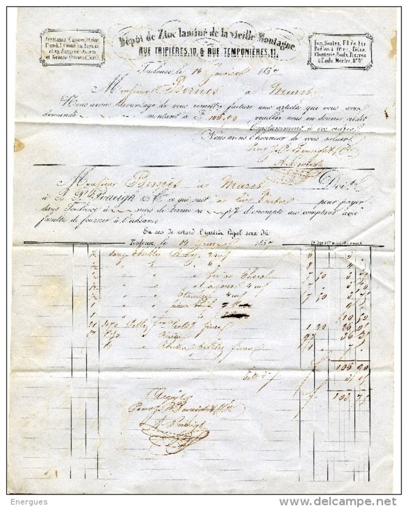 Toulouse1857, Dépôt Zinc Laminé Vieille Montagne,plomb,tôles, Clouterie Fer à Cheval Boeufs,,Bernès Muret - Historische Dokumente