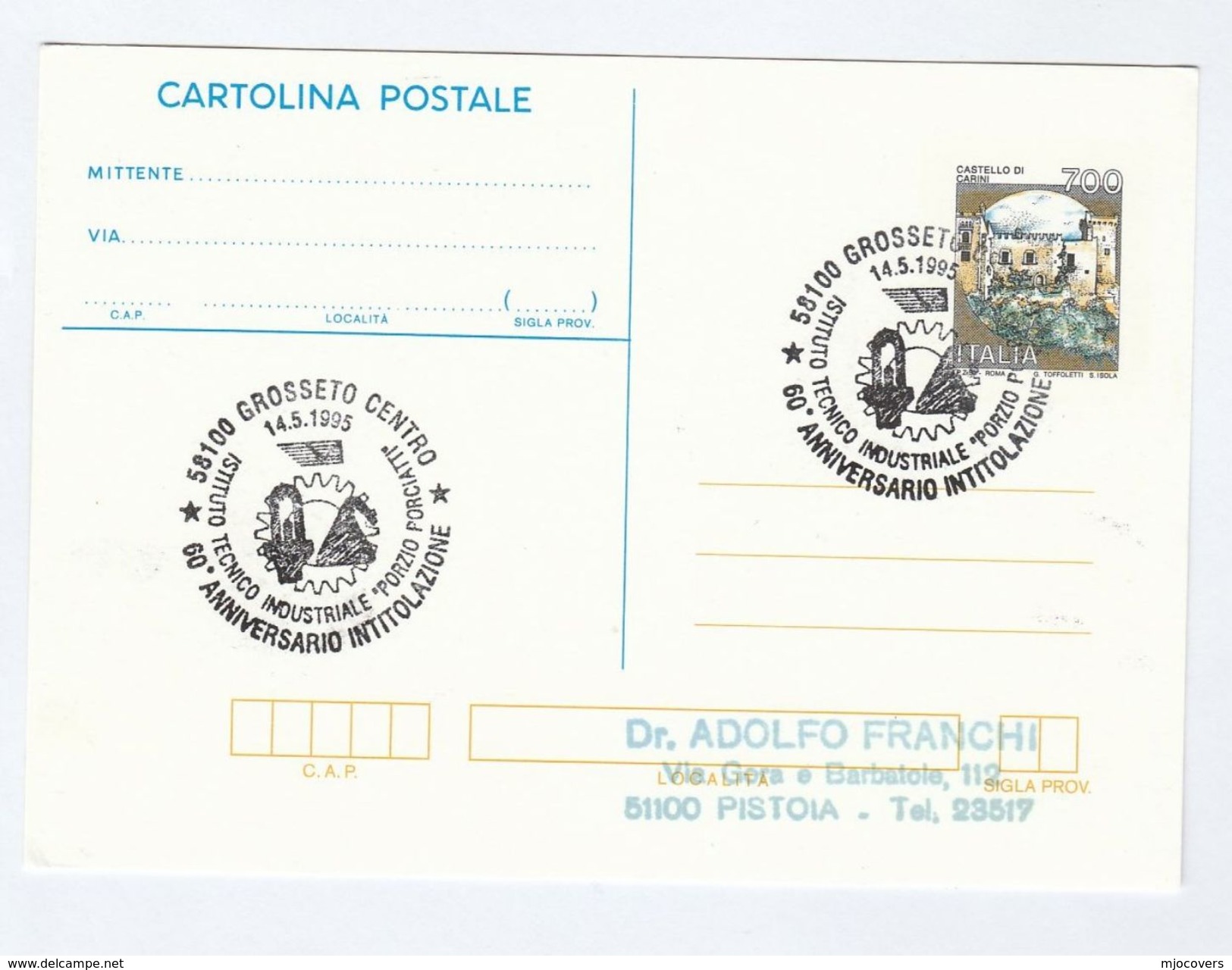 1995 ITALY COVER EVENT Pmk PORZIO PORCIATTI  INDUSTRIAL TECHNOLOGY INSTITUTE Science Postal Stationery Card Stamp Castle - Other & Unclassified