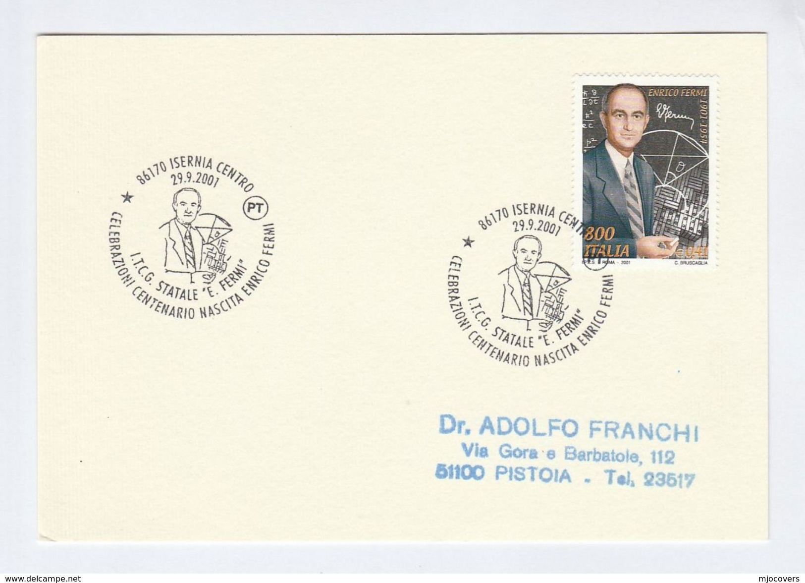 2001 ITALY FDC Card ENRICO FERMI Stamps SPECIAL Pmk ISERNIA Cover Atomic Nuclear Energy Physics - Atom