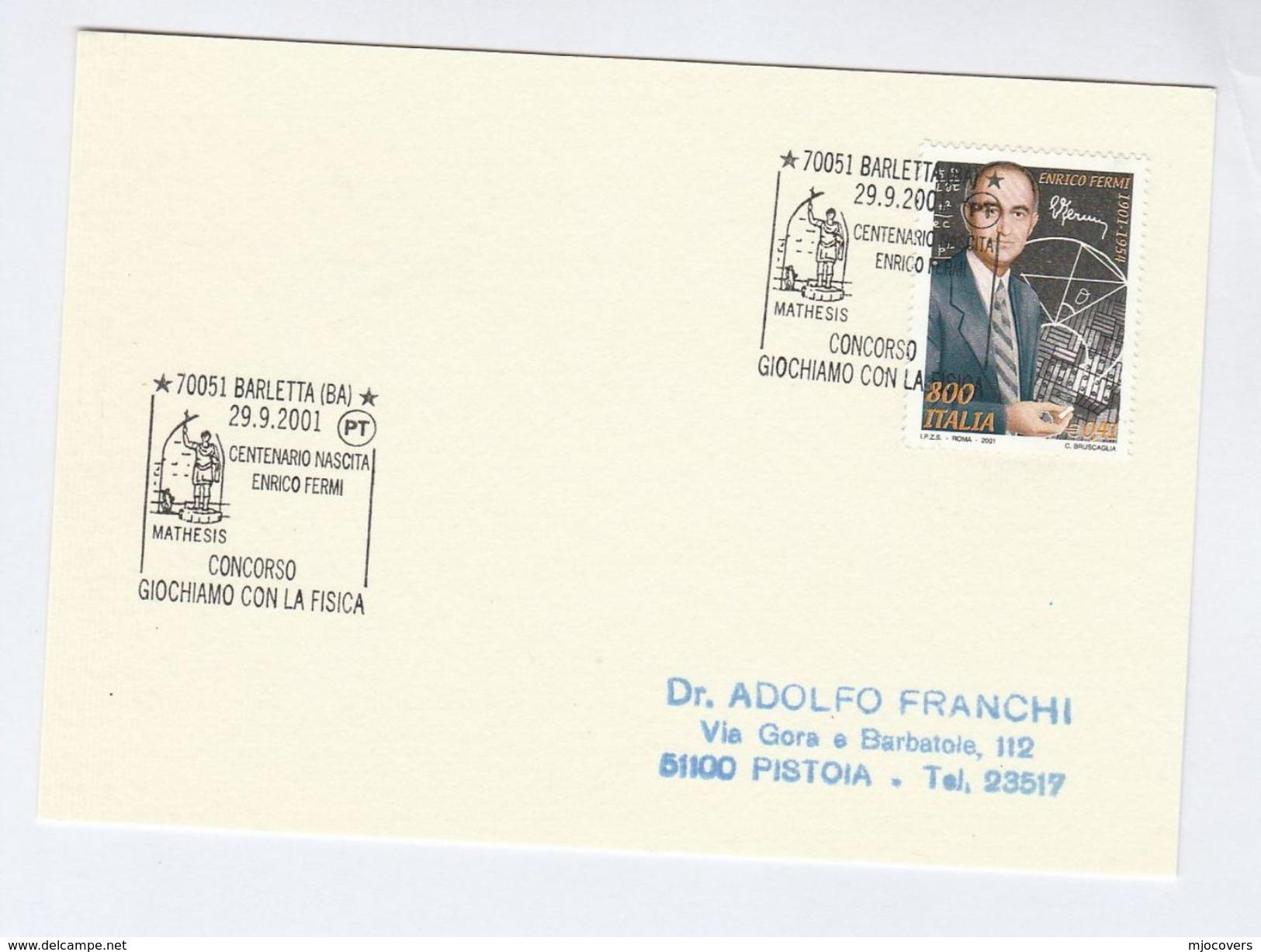 2001 ITALY FDC Card ENRICO FERMI Stamps SPECIAL Pmk BARLETTA Cover Atomic Nuclear Energy Physics - Atom