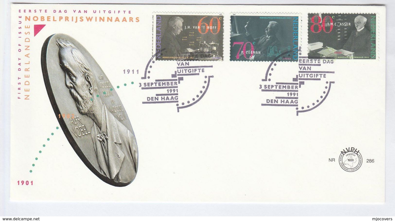 1991 NETHERLANDS FDC Nobel Prize HOFF, ZEEMAN, ASSER Stamps Cover Physics Chemistry Peace - Nobelpreisträger