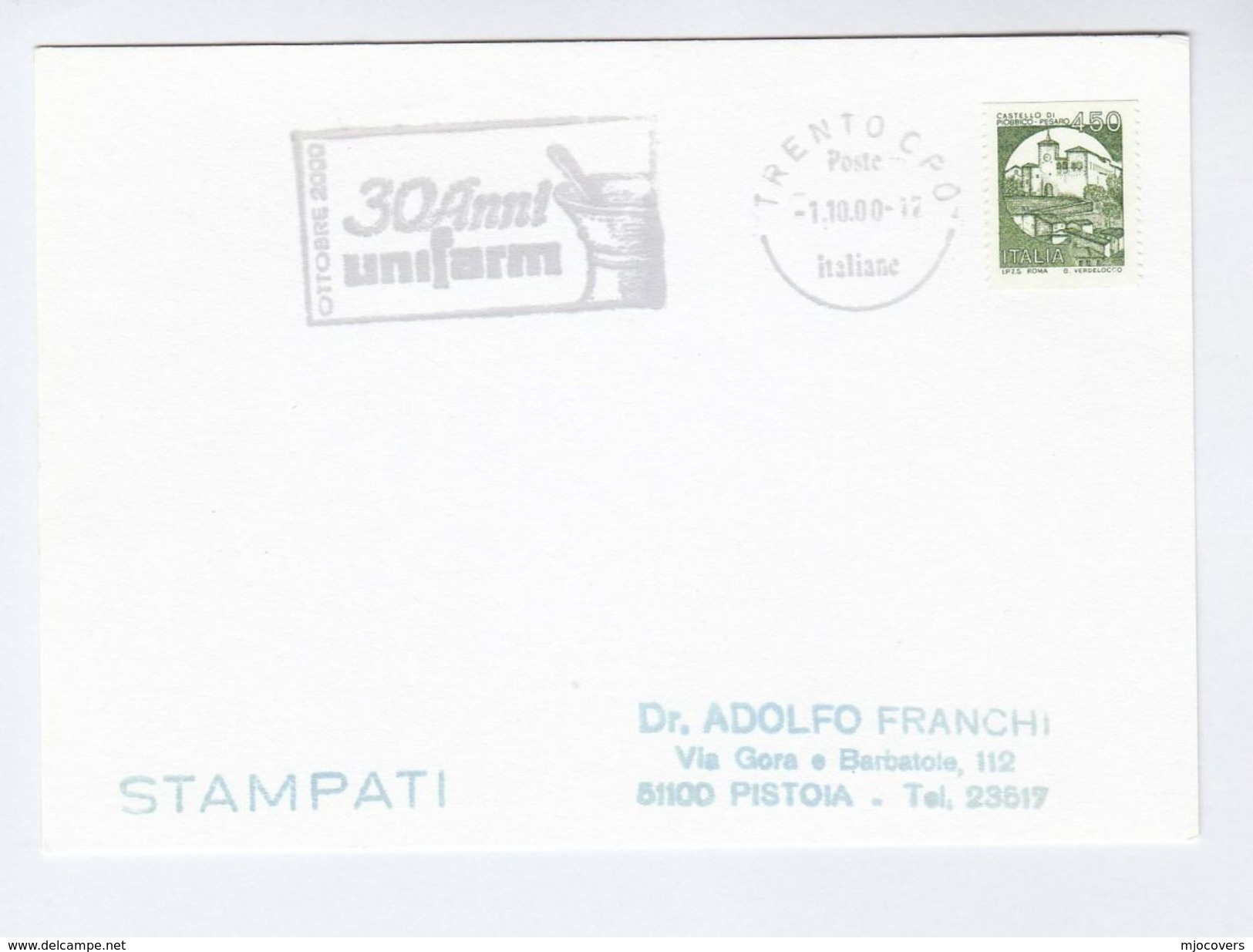 2000 Trento ITALY PHARMACY EVENT COVER  SLOGAN Illus MORTAR PESTLE, UNIFARM 30th ANNIV Medicine Health Stamps - Farmacia