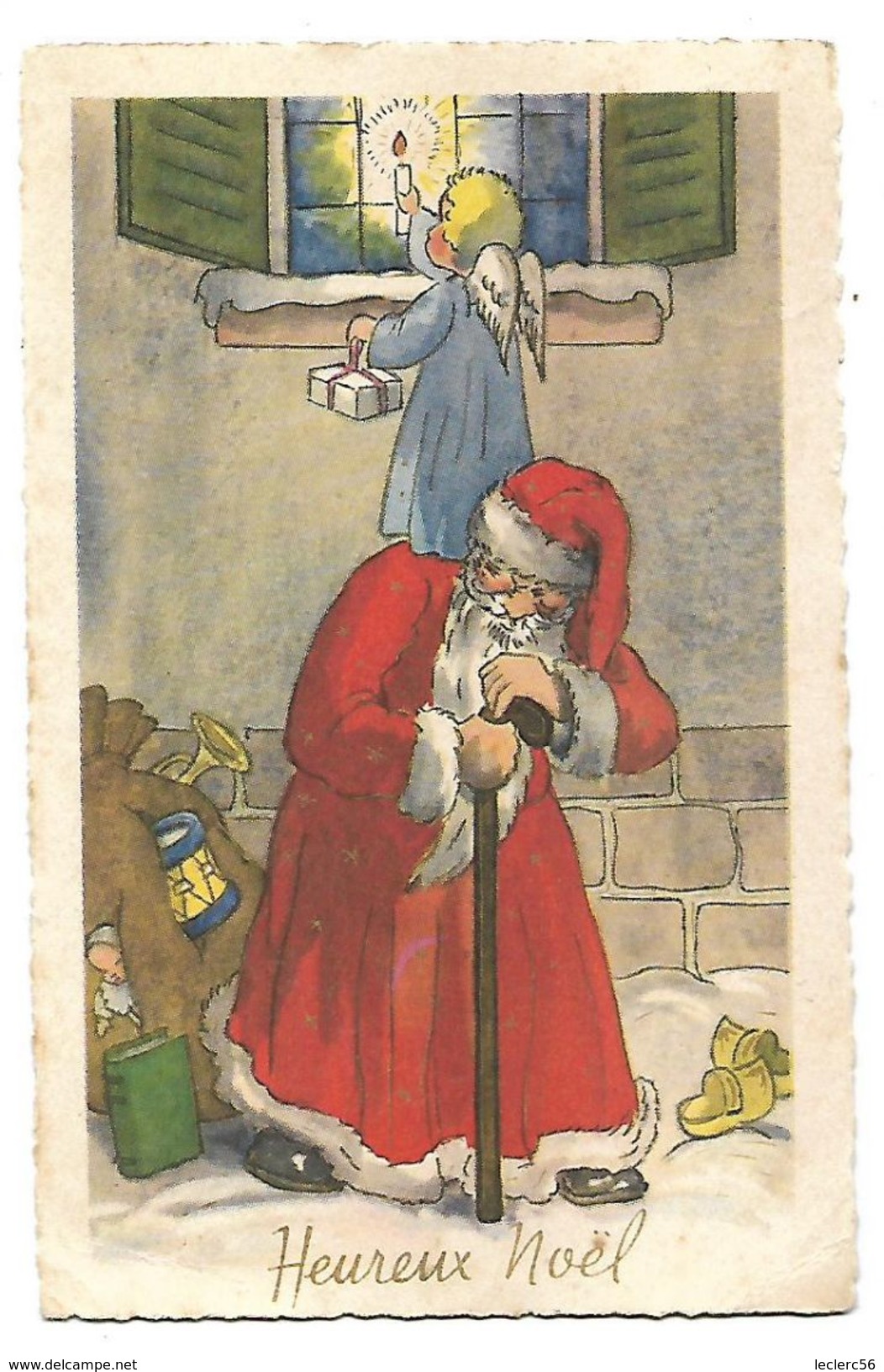 CPA 1951 PERE NOEL ANGE SUR L'EPAULE HOTTE JOUETS Tambour, Trompette, Poupee, Livre, Sabots - Santa Claus