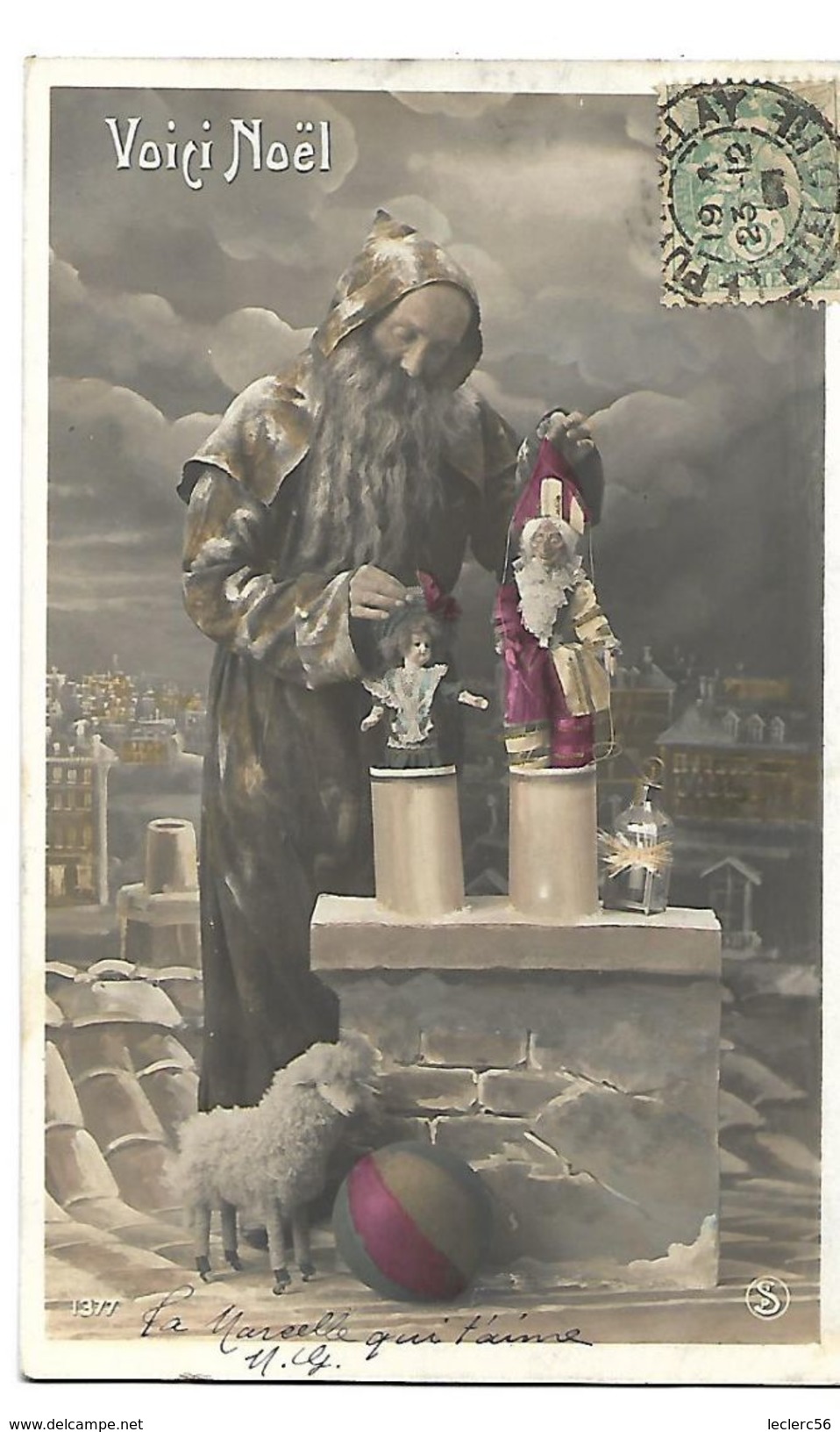 CPA 1905 PERE NOEL SUR LE TOIT LANCE UNE POUPEE DANS LA CHEMINEE  Mouton Ballon Lanterne - Santa Claus