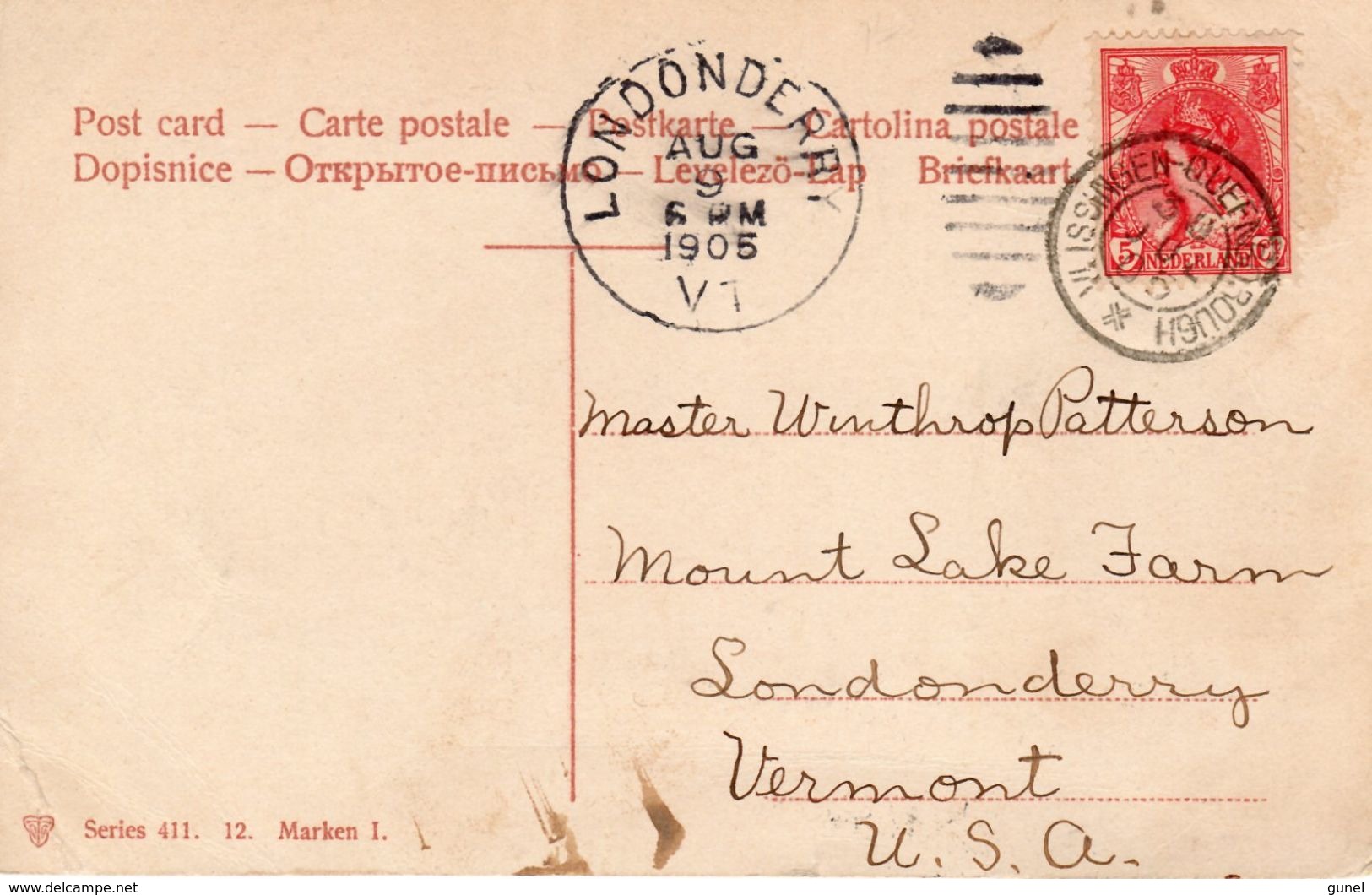 30 JUL 1905 Kleinrond VLISSINGEN-QUEENBOROUGH Op Ansicht Naar Londonderry Vermont USA - Poststempels/ Marcofilie