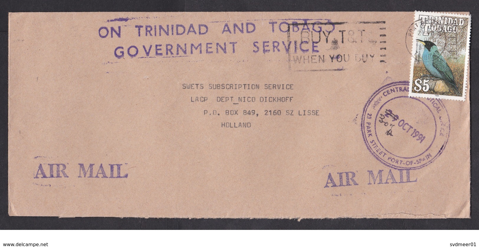 Trinidad & Tobago: Official Airmail Cover To Netherlands, 1991, 1 Stamp, Bird (minor Damage, See Scan) - Trinidad Y Tobago (1962-...)