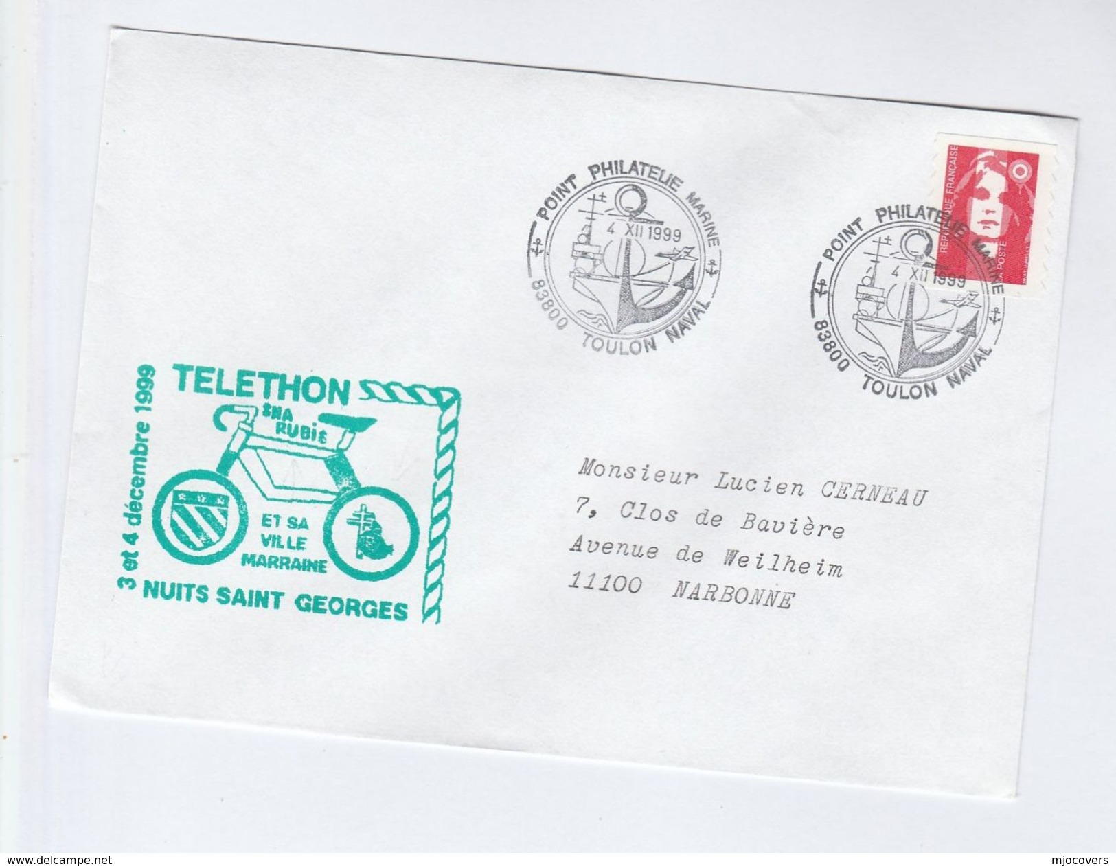 1999 CYCLING TELETHON COVER Toulon NAVY PORT , NUITS SAINT GEORGES St George Ship Bike Bicycle Stamps France - Cycling