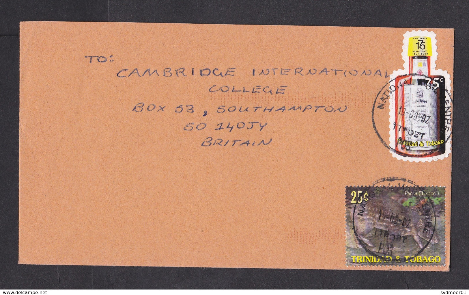 Trinidad & Tobago: Cover To UK, 2002, 2 Stamps, Bottle Shaped, Angostura Bitter, Food Flavour, Animal (traces Of Use) - Trinidad En Tobago (1962-...)