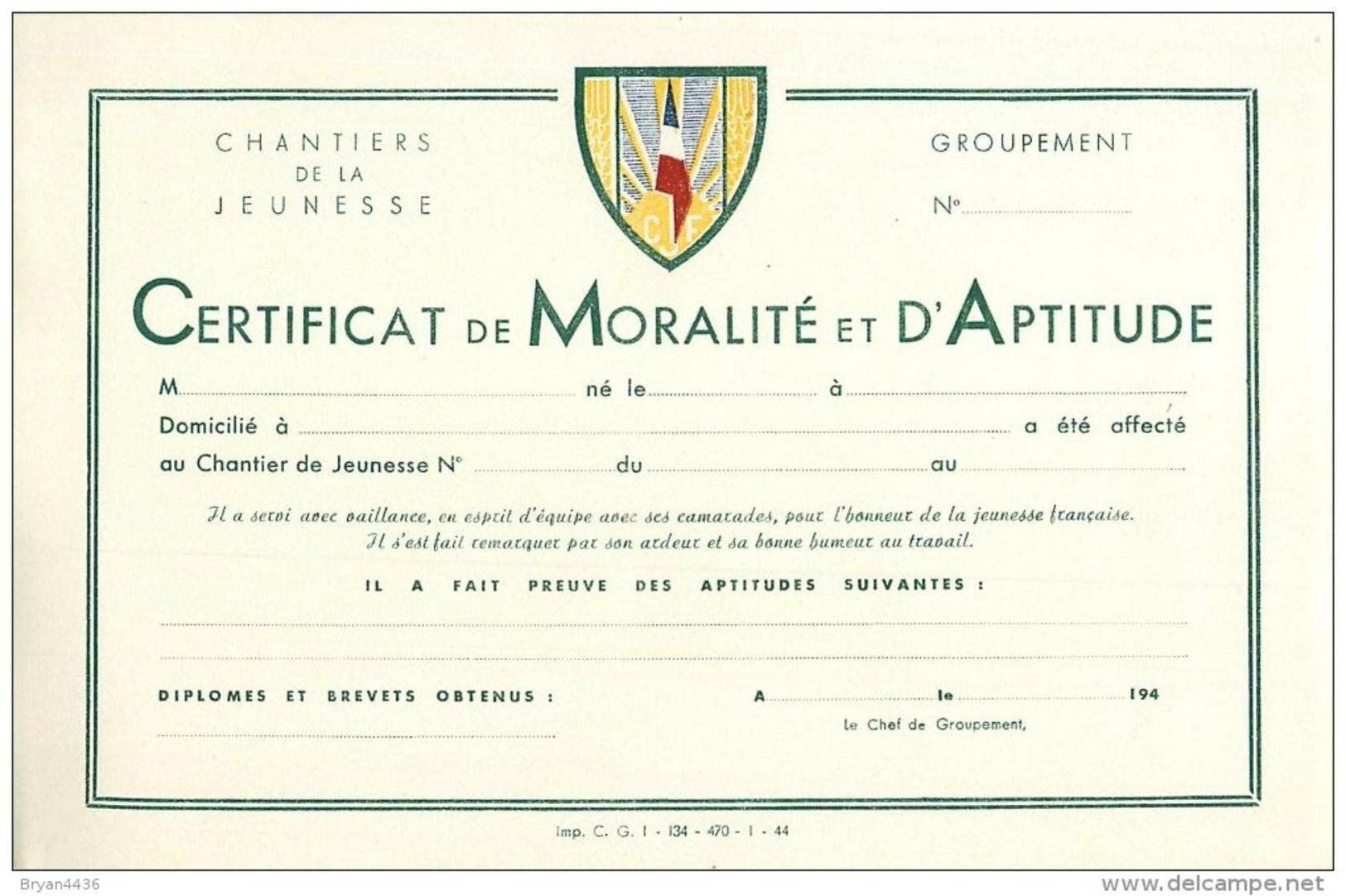 CHANTIERS DE JEUNESSE - "CERTIFICAT De MORALITE Et D'APTITUDE" - Document Authentique D'Epoque (13,5 X 21 Cm) Etat TB - 1939-45