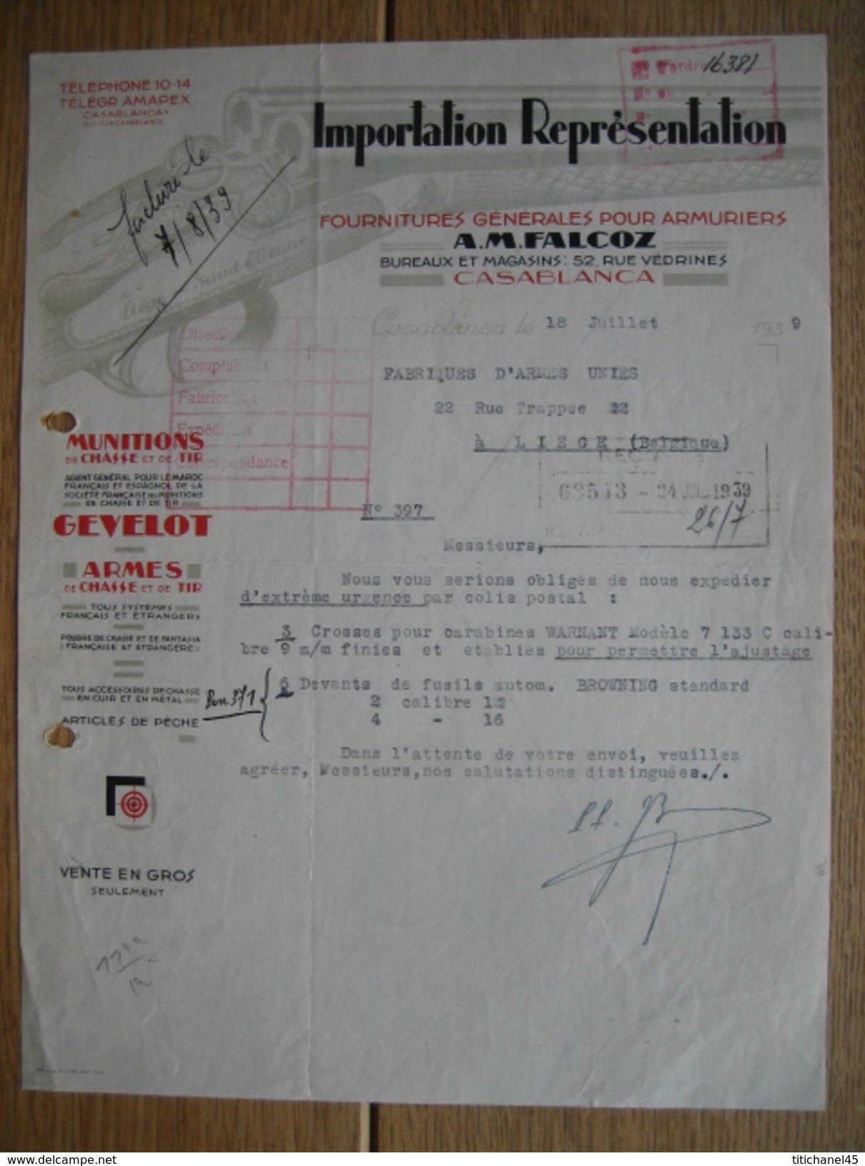 MAROC - CASABLANCA - Lettre Illustrée De 1939 - A.M. FALCOZ - Armes - Munitions - Autres & Non Classés