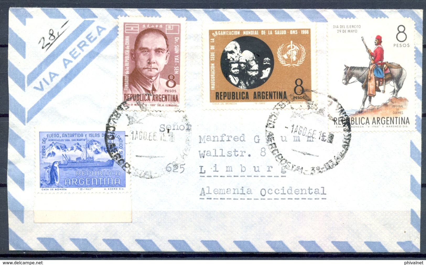 1966 , ARGENTINA , SOBRE CIRCULADO ENTRE BUENOS AIRES Y LIMBURG , CORREO AÉREO - Covers & Documents