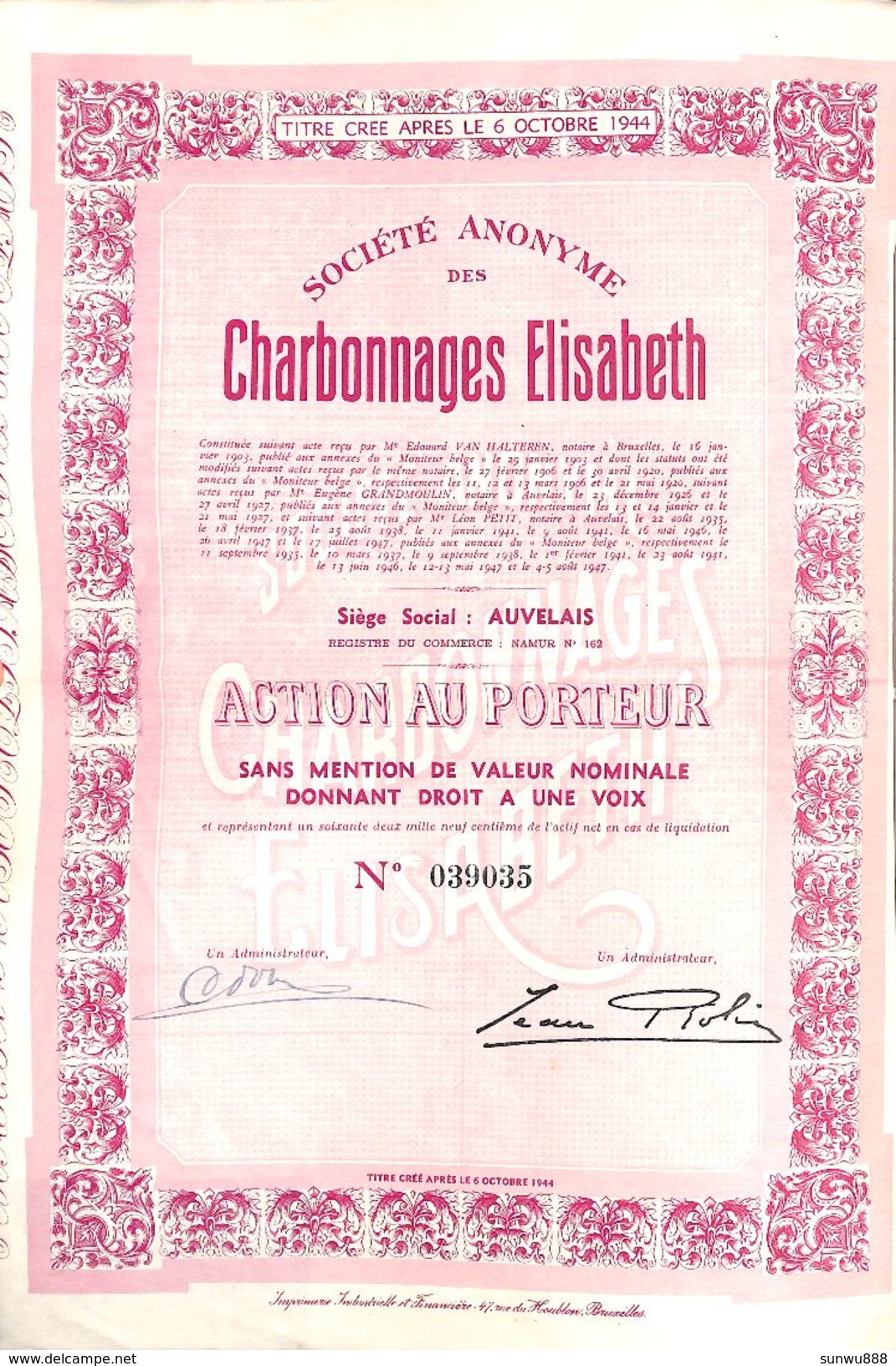 Charbonnages Elisabeth, Auvelais 1944 - Miniere