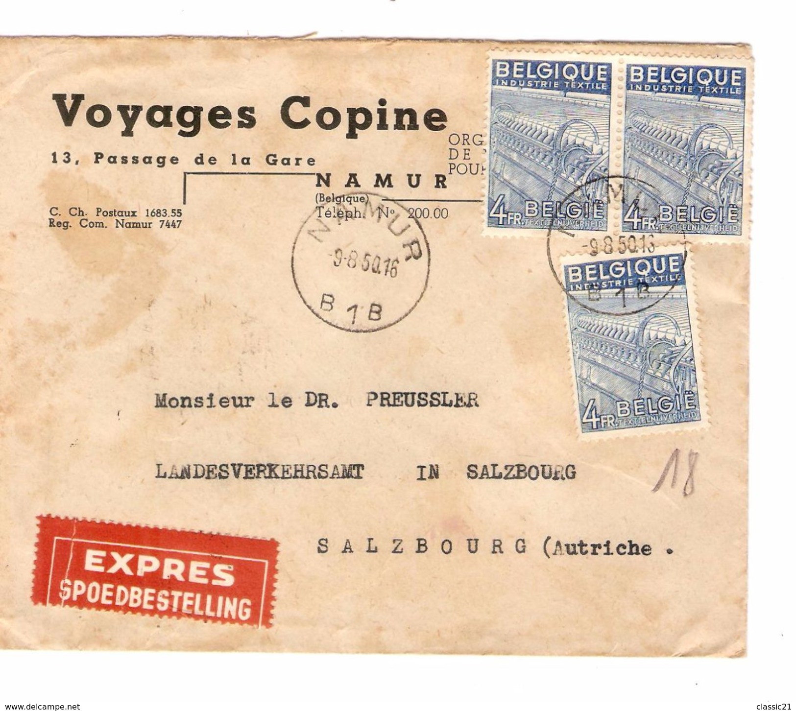 TP 771(3) Exportation S/L.En-Tête Voyages Copine C.Namur 9/8/1950 V.Salzbourg Autriche Via BXL C.d'arrivée 857 - Cartas & Documentos