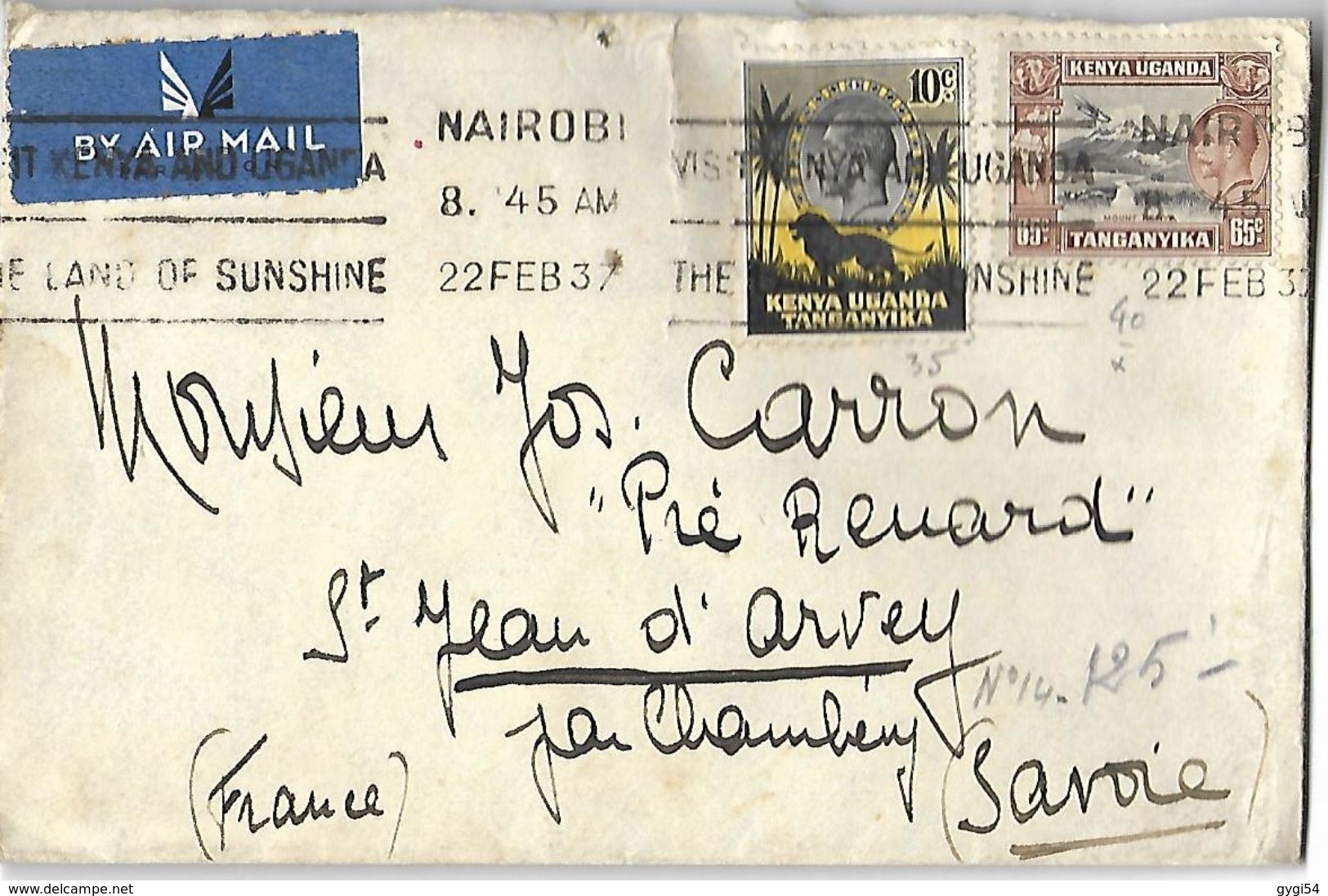 Lettre Du Kenya Par Avion   Du  22 Février 1937  De Nairobi Vers St Jean D' Arvey (Savoie) - Kenya (1963-...)