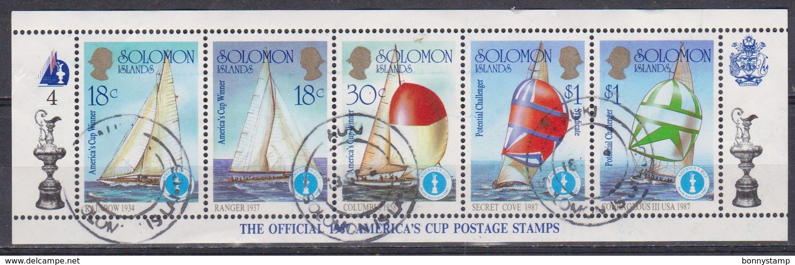 Isole Salomone, 1987 - America's Cup, Foglio Di 5 - Nr.573a 537b 537e  537g 537h - Usato° - Solomoneilanden (1978-...)