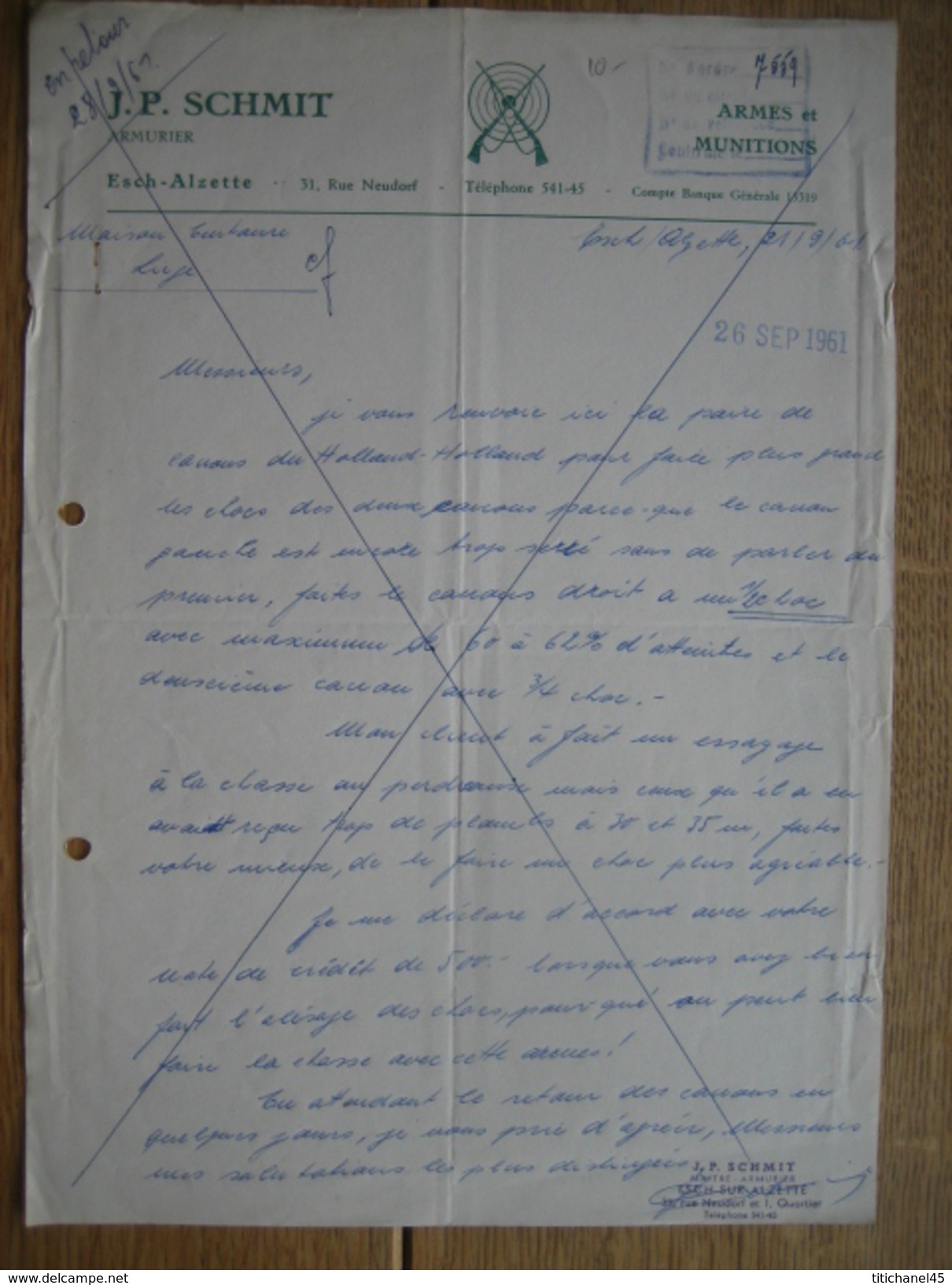 ESCH-SUR-ALZETTE - Lettre 1961- J.P. SCHMIT - Armurier - Aremes Et Munitions - Luxembourg