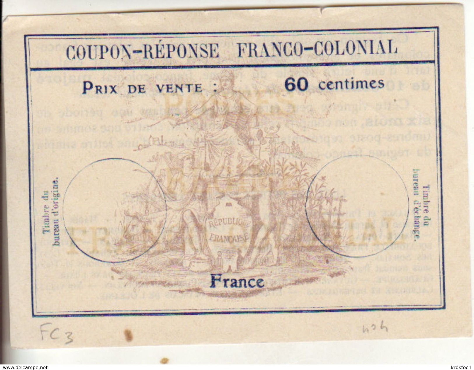 Coupon-réponse Franco-colonial 60 Centimes - Modèle FC3 - CRI IAS IRC - Antwortscheine