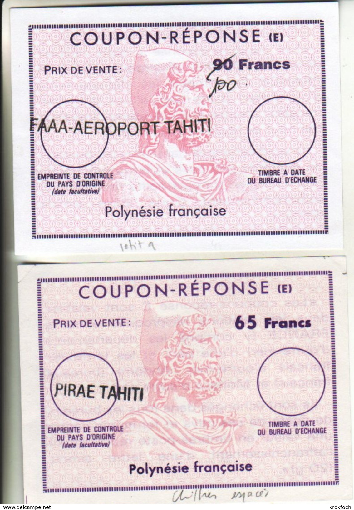 Coupon-réponse Polynésie Modèle E - 65 Francs Chiffres Espacés & 90 Francs Avec Petit 9 - Faaa & Pirae  - CRI IAS IRC - Entiers Postaux