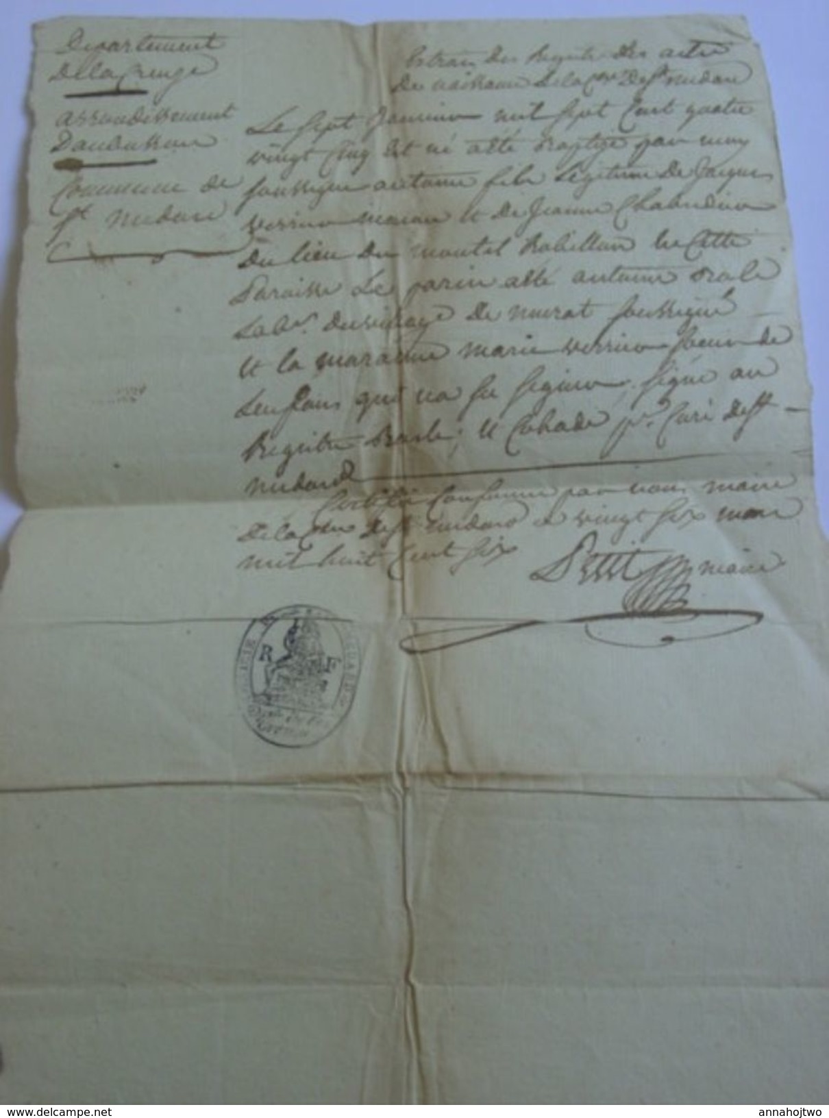 CREUSE / Acte Naissance & Baptême De St Médard /Arrond.Aubusson-cachet Mairie & Filigrane- Empire ,1806- - Manuscrits