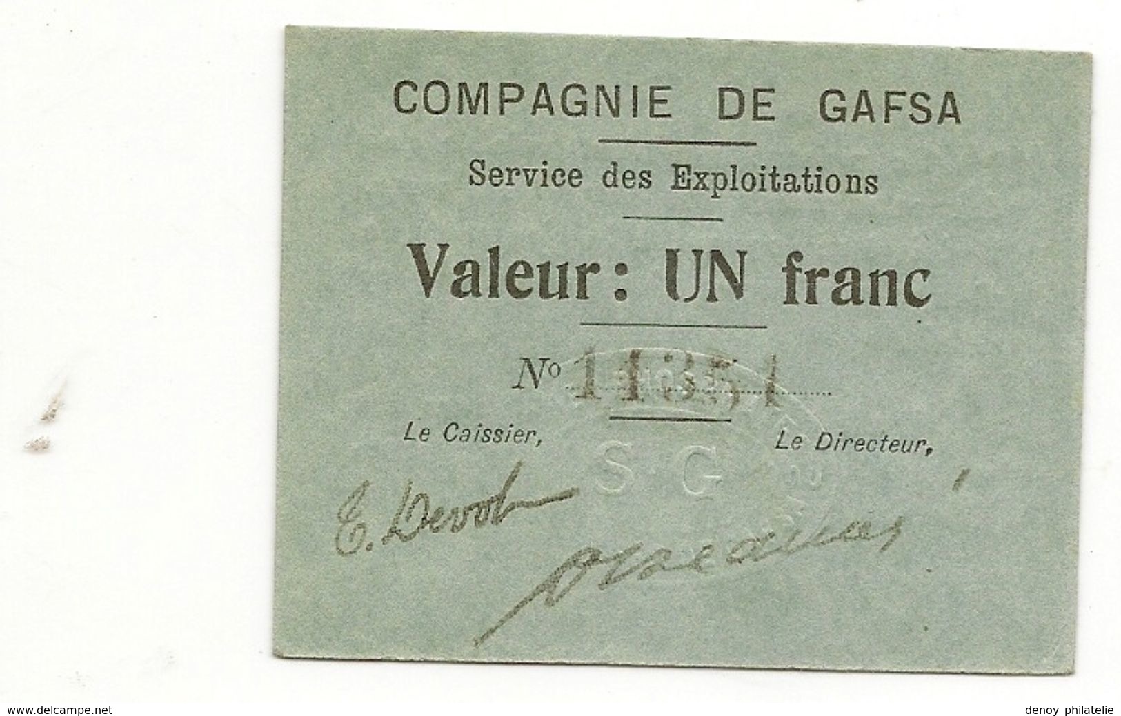 Billet Tunisie - Compagnie De Gafsa 1 Un Franc Neuf ,  Daté Du 20 Aout  1916 RRR - Tusesië