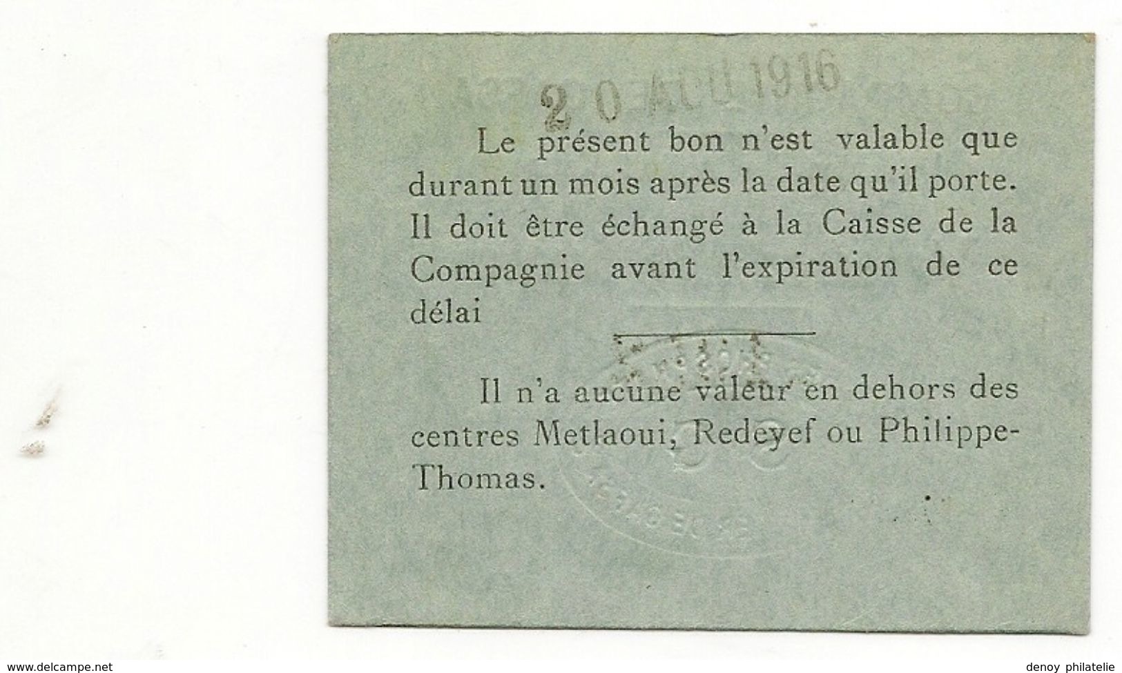 Billet Tunisie - Compagnie De Gafsa 1 Un Franc Neuf ,  Daté Du 20 Aout  1916 RRR - Tusesië