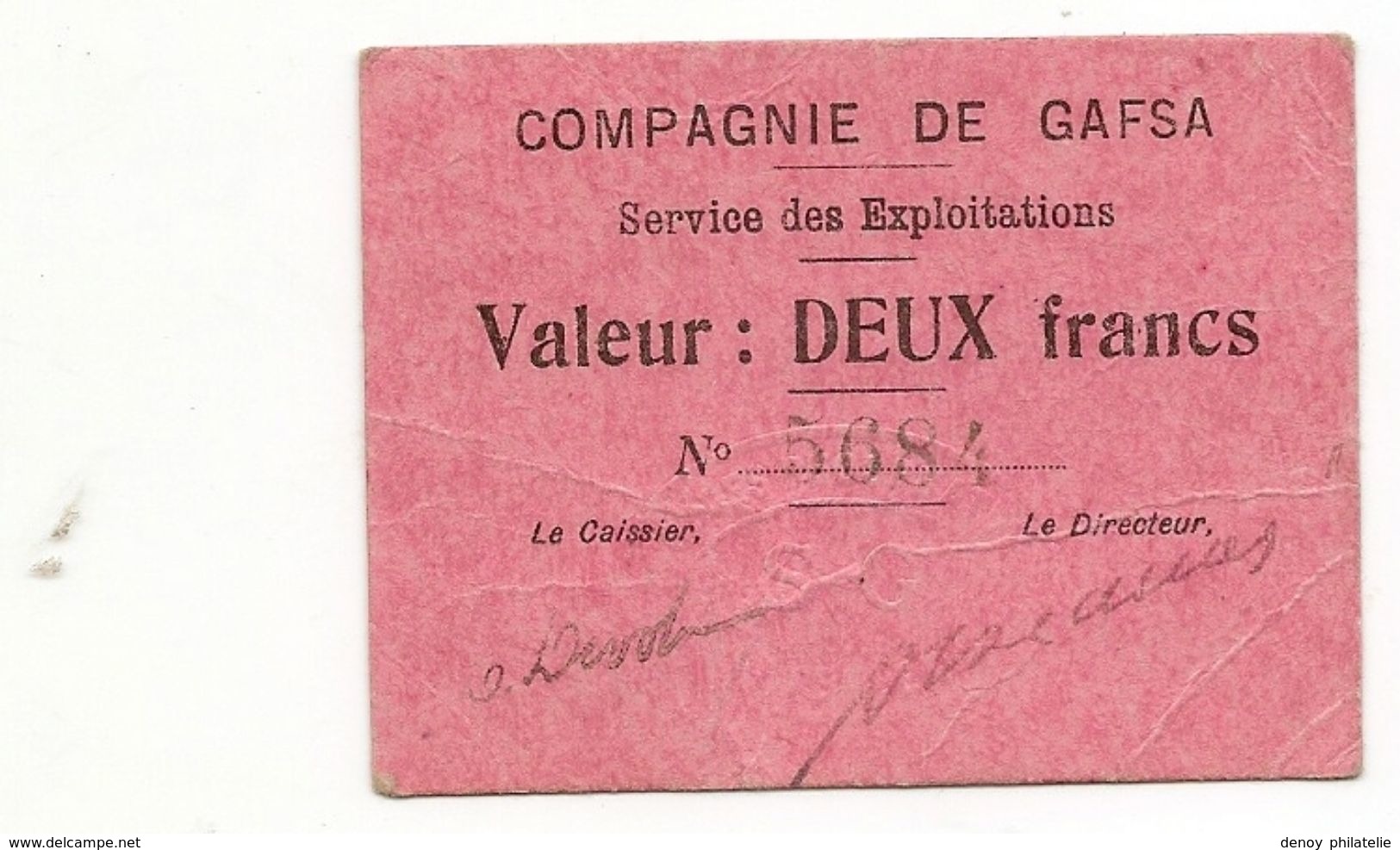 Billet Tunisie - Compagnie De Gafsa 2 Francs, Daté Du 25 Avril 1916 Deux Plis Leger , RRR - Tunisia